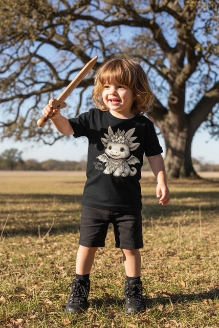 Toddler boy holding a wooden sword and smiling under a large oak tree wearing Fox and Form Ember the Mini Boho Dragon black classic ring spun tee with hand-illustrated boho dragon design and Born to Soar script