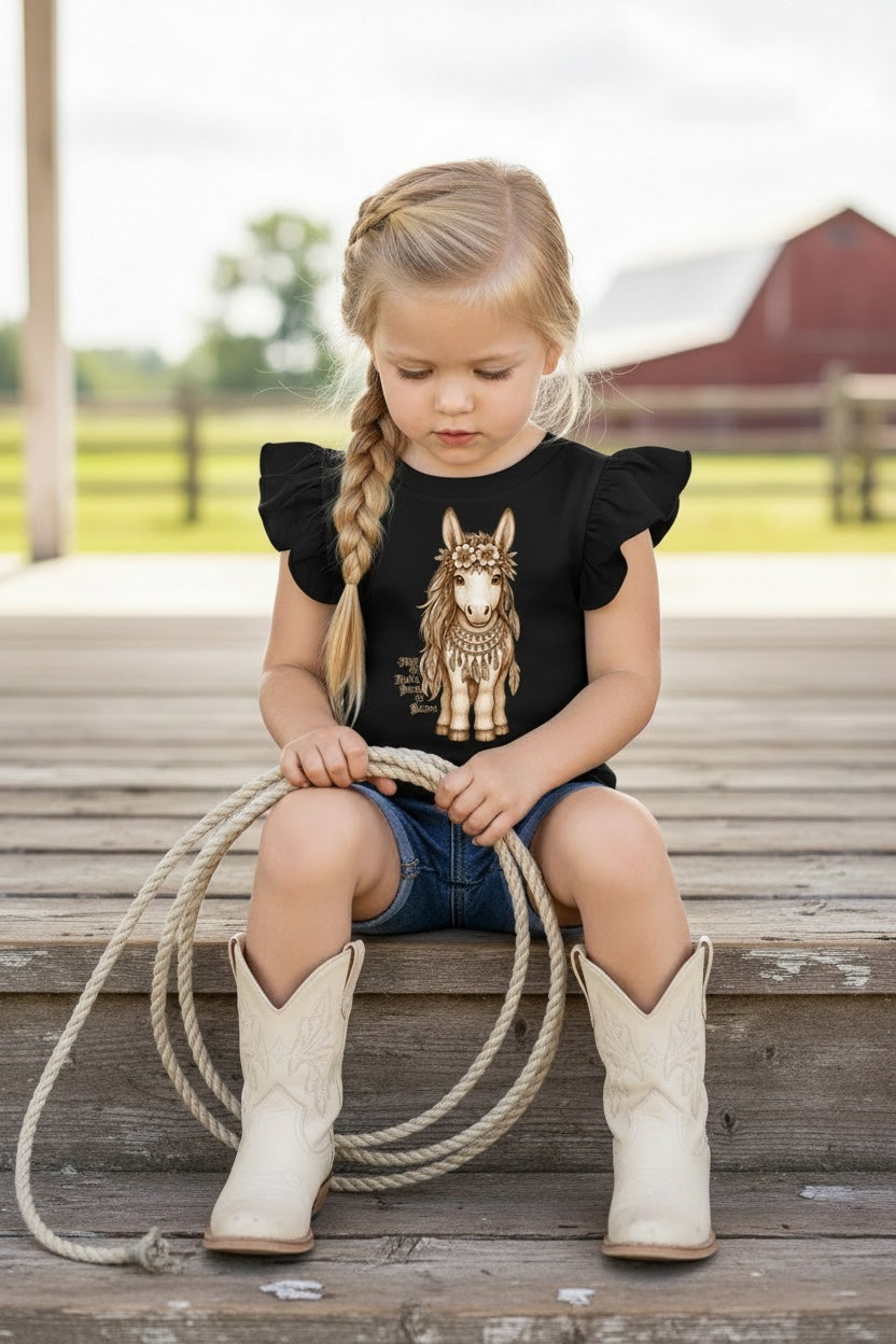 Young girl with a braided ponytail wearing white cowboy boots sitting on a wooden ranch porch holding a lasso wearing Fox and Form Meadow the Boho Pony black flutter sleeve tee with hand-illustrated boho pony design and Free to Roam Born to Bloom script
