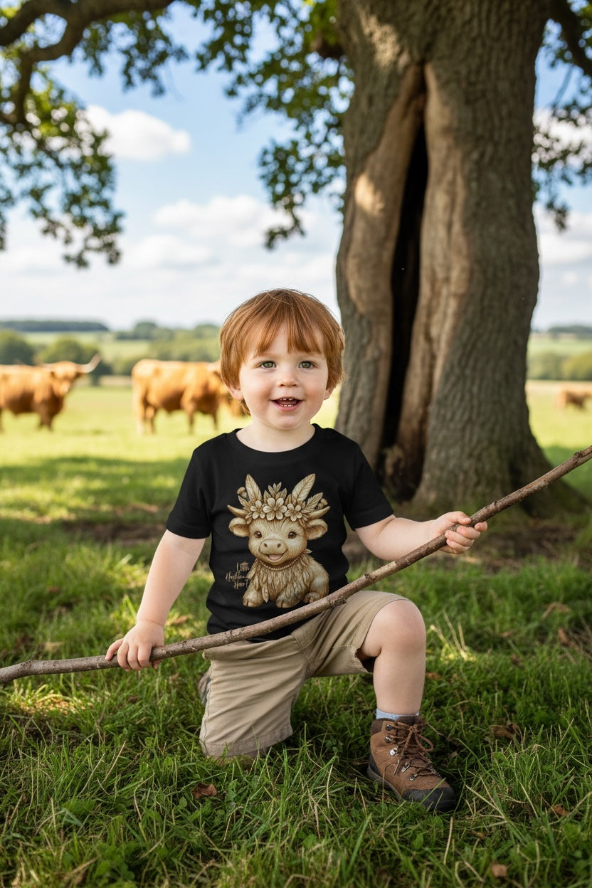 Smiling toddler boy with red hair holding a stick beside a large oak tree in a sunny highland pasture wearing Fox and Form Thistle the Boho Highland Calf black classic ring spun tee with hand-illustrated boho highland calf design and Little Highland Heart script