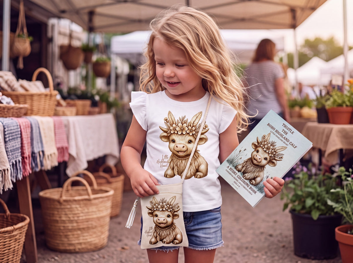 A young girl with blonde hair stands at an outdoor market wearing a white Thistle  t-shirt and denim shorts, holding a matching white crossbody bag and a printed booklet featuring Thistle the highland calf illustration with a floral crown. Fox & Form. The Mini Boho Collection