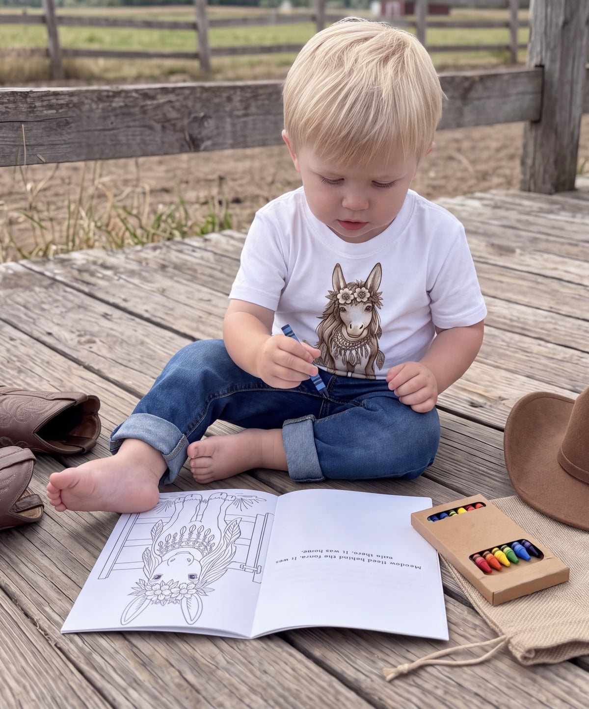 A toddler sits on a wooden deck outdoors, coloring in a book. The child is wearing a white short-sleeve Meadow boho t-shirt with a brown hand etched pony graphic, blue jeans, and is barefoot. Mini Boho Collection. Fox & Form. 