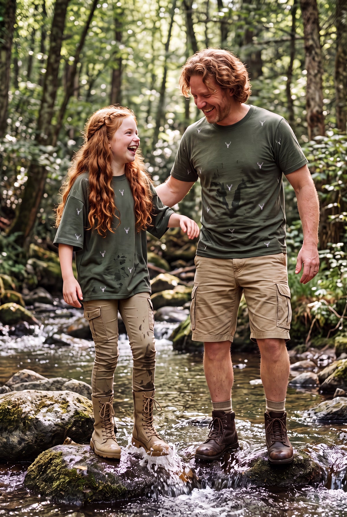 Father and Daugher wearing Fox and Form The Stag Forest green classic ring spun tee and dropped shoulder max weight tee shirt with hand-etched illustrated stag pattern design, walking over rocks in a stream laughing. Fox and Form Men's Signature Collection. Fox and Form Mini and Youth Signature Collection. 