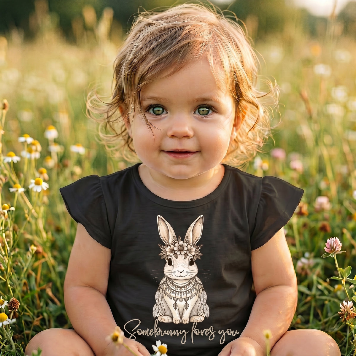 Baby girl sitting in a wildflower meadow at golden hour wearing Fox and Form Elorie the Mini Boho Bunny black flutter sleeve onesie with hand-etched illustrated boho bunny design and Somebunny Loves You script