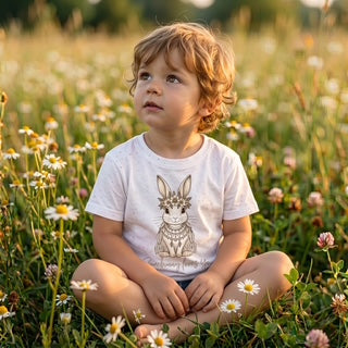 Young boy sitting cross-legged in a sunny wildflower meadow wearing Fox and Form Elorie the Mini Boho Bunny white classic ring spun tee with hand-etched illustrated boho bunny design and Somebunny Loves You script