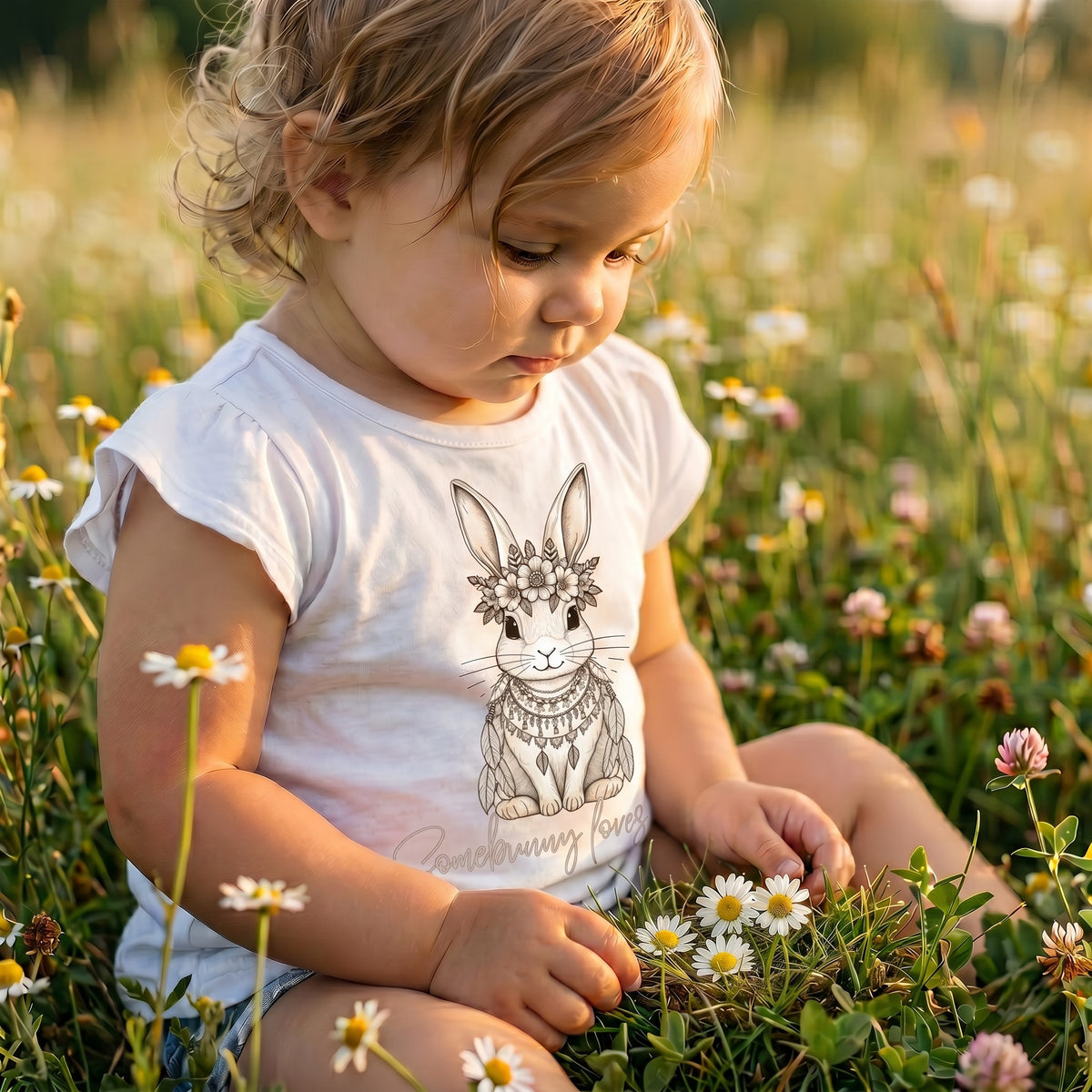 Toddler girl sitting in a wildflower meadow at golden hour wearing Fox and Form Elorie the Mini Boho Bunny white flutter sleeve tee with hand-etched illustrated boho bunny design and Somebunny Loves You script
