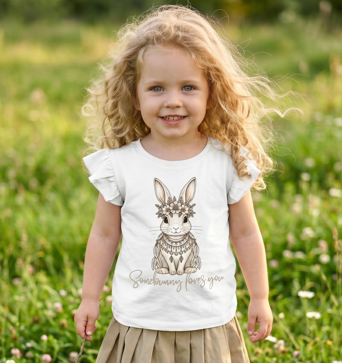 A young girl with long curly blonde hair stands in a grassy field wearing Elorie the Boho Bunny Flutter Sleeve Tee Shirt Mini Boho Collection Fox & Form white short-sleeve t-shirt with a brown line-art rabbit illustration and the text 'Somebunny  loves you' below it, paired with a beige pleated skirt.