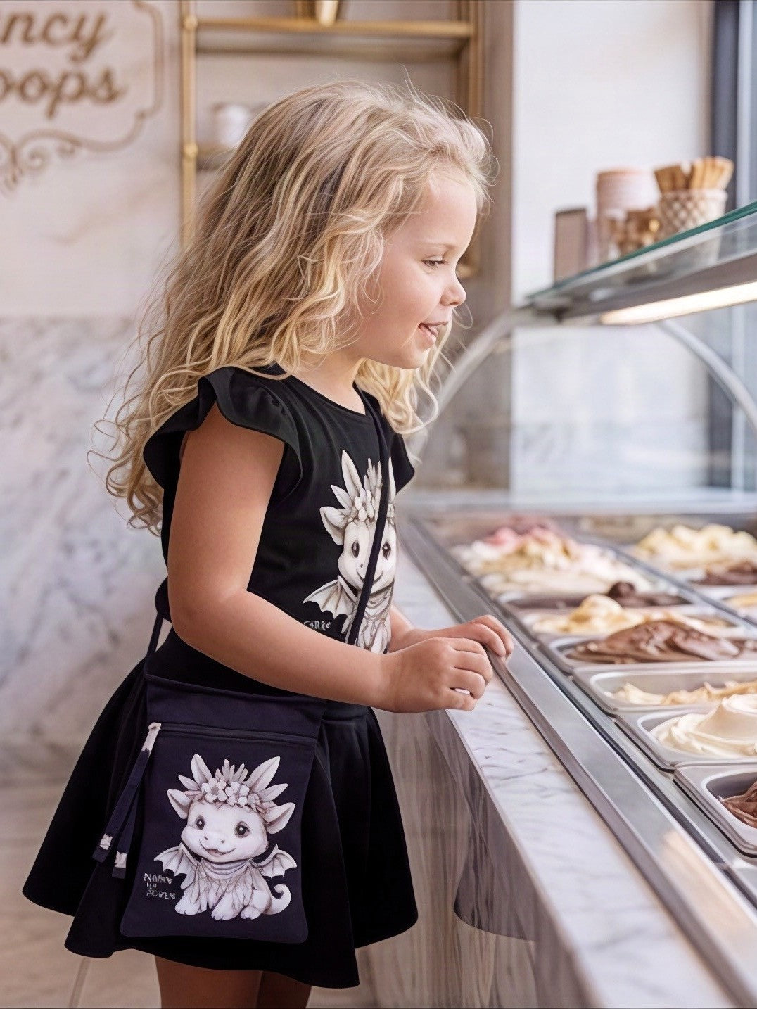 A young girl with long blonde curly hair stands in an ice cream shop, looking at a glass display case filled with various ice cream flavors. She is wearing a black Fox and Form Ember the Mini Boho Dragon black flutter sleeve tee shirt with hand-illustrated boho dragon design and Born to Soar script with a graphic and a matching black crossbody bag featuring Fox and Form Ember the Mini Boho Dragon with a black skirt.