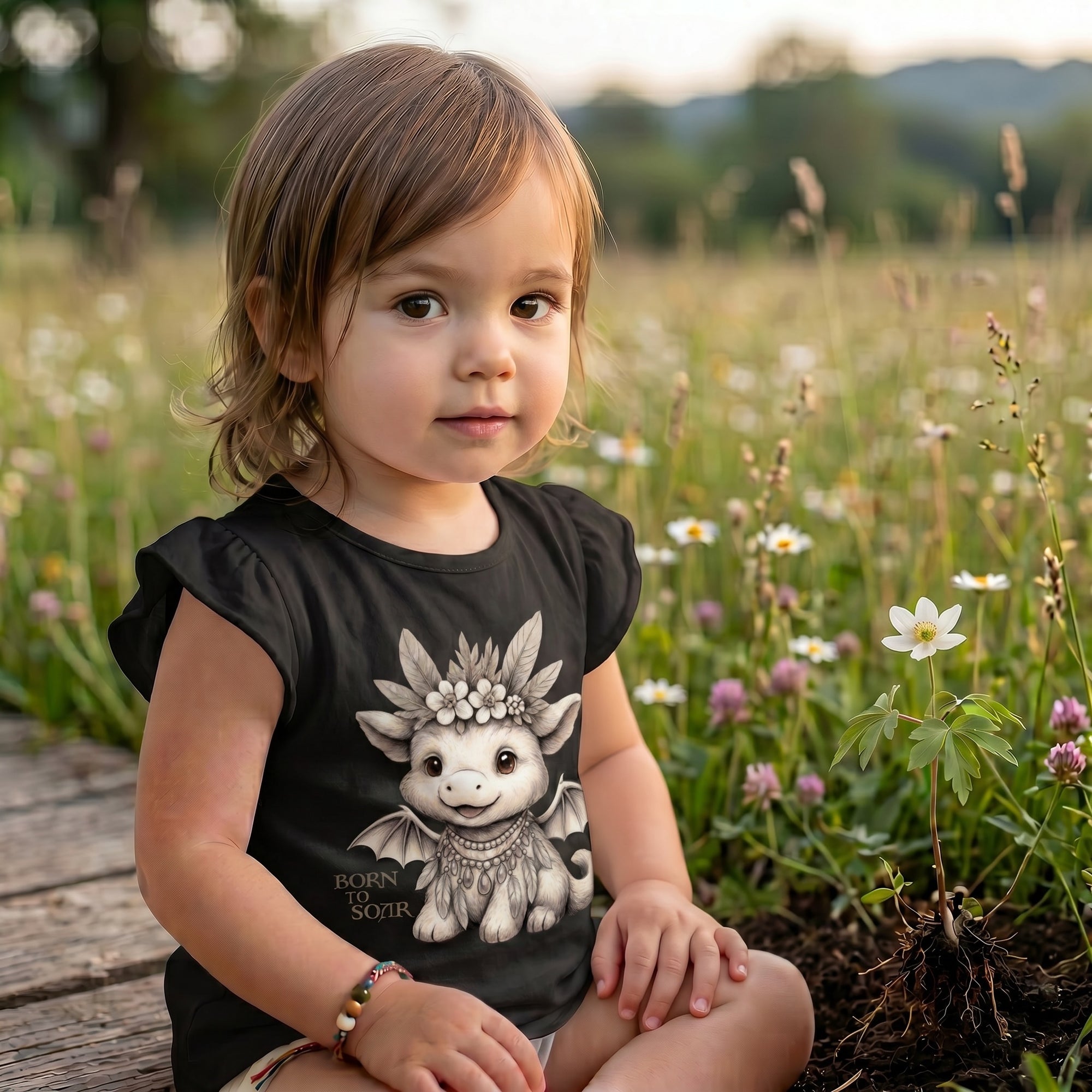 Toddler girl sitting in a wildflower meadow at golden hour wearing Fox and Form Ember the Mini Boho Dragon black flutter sleeve tee with hand-illustrated boho dragon design and Born to Soar script