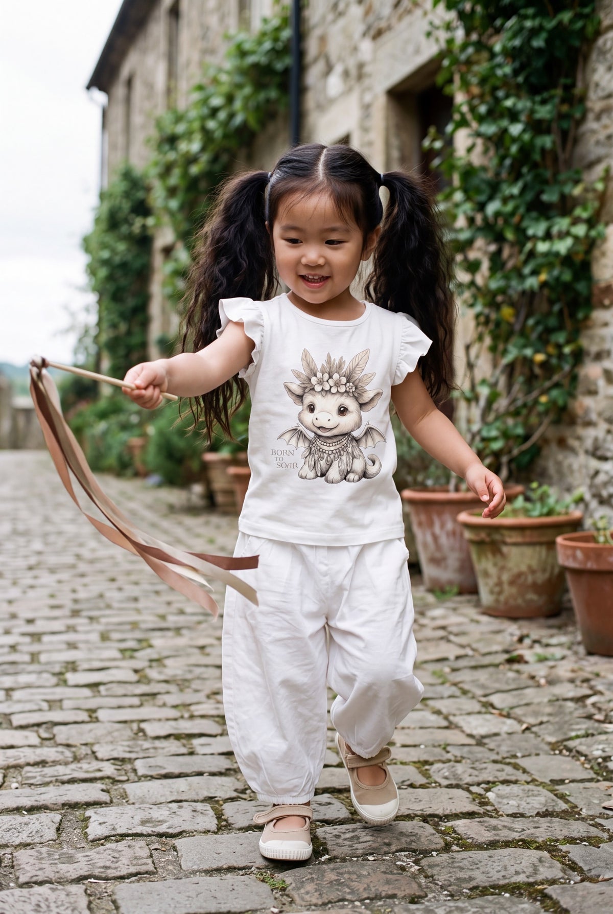 A young girl with dark hair in pigtails walks on a cobblestone path and waving a ribbon wand wearing a white ruffled short-sleeve t-shirt with a hand illustration of Ember Mini Boho Dragon, Fox & Form, paired with matching white pants.