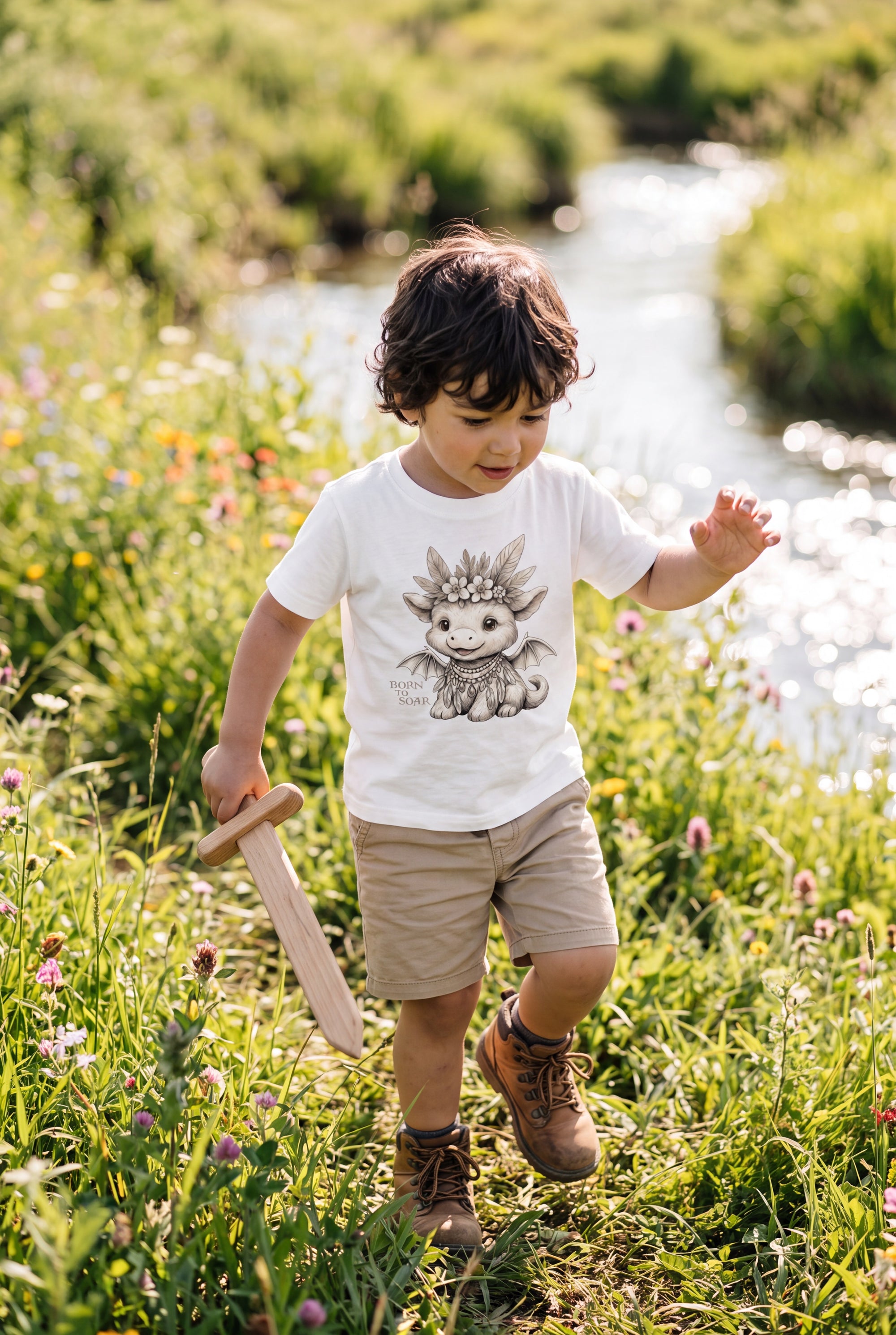 Toddler boy walking through a wildflower meadow by a stream holding a wooden sword wearing Fox and Form Ember the Mini Boho Dragon white classic ring spun tee with hand-illustrated boho dragon design and Born to Soar script