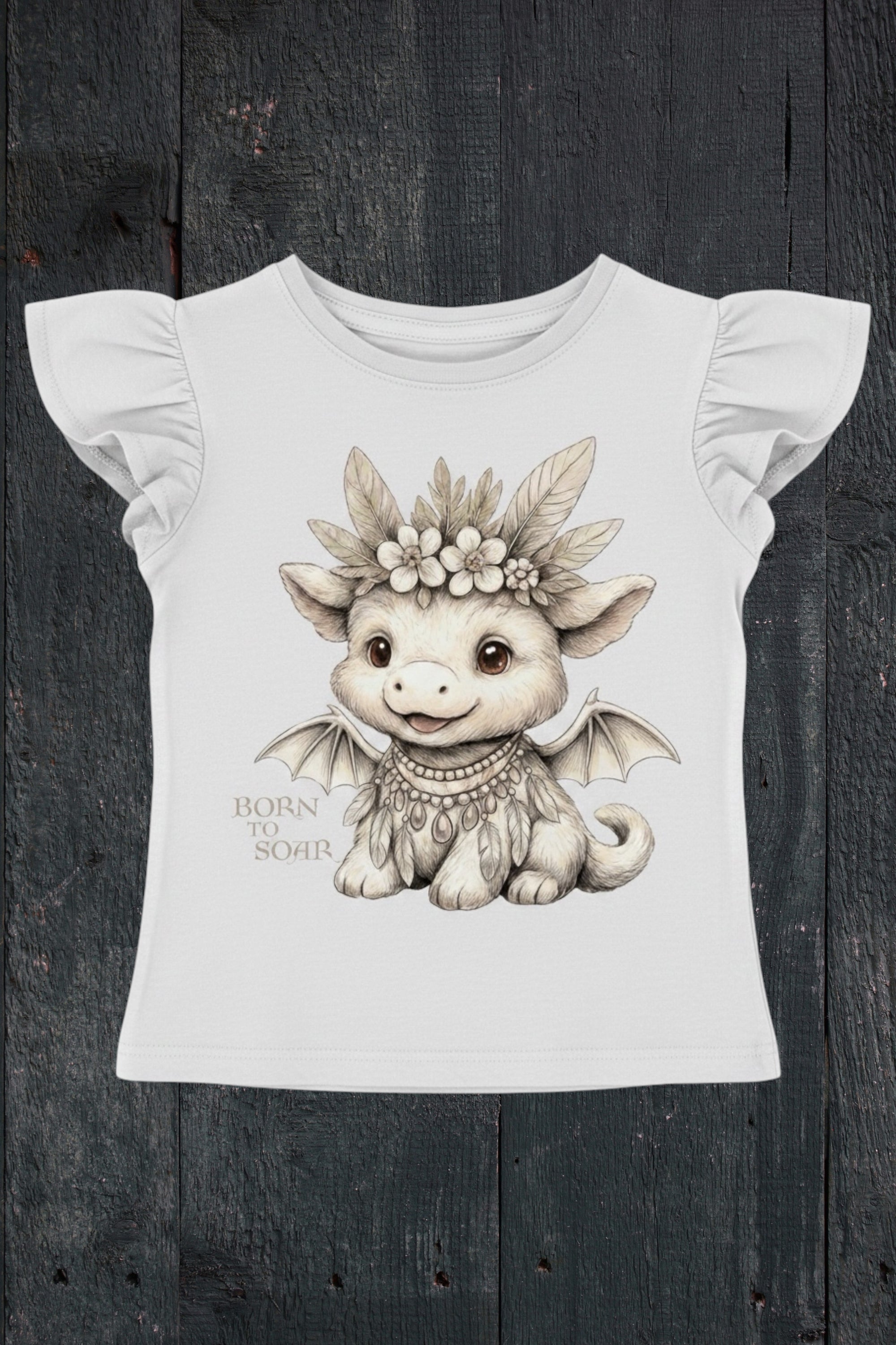 Flat lay of Fox and Form Ember the Mini Boho Dragon white flutter sleeve tee with hand-illustrated boho dragon design and Born to Soar script on a dark wood background