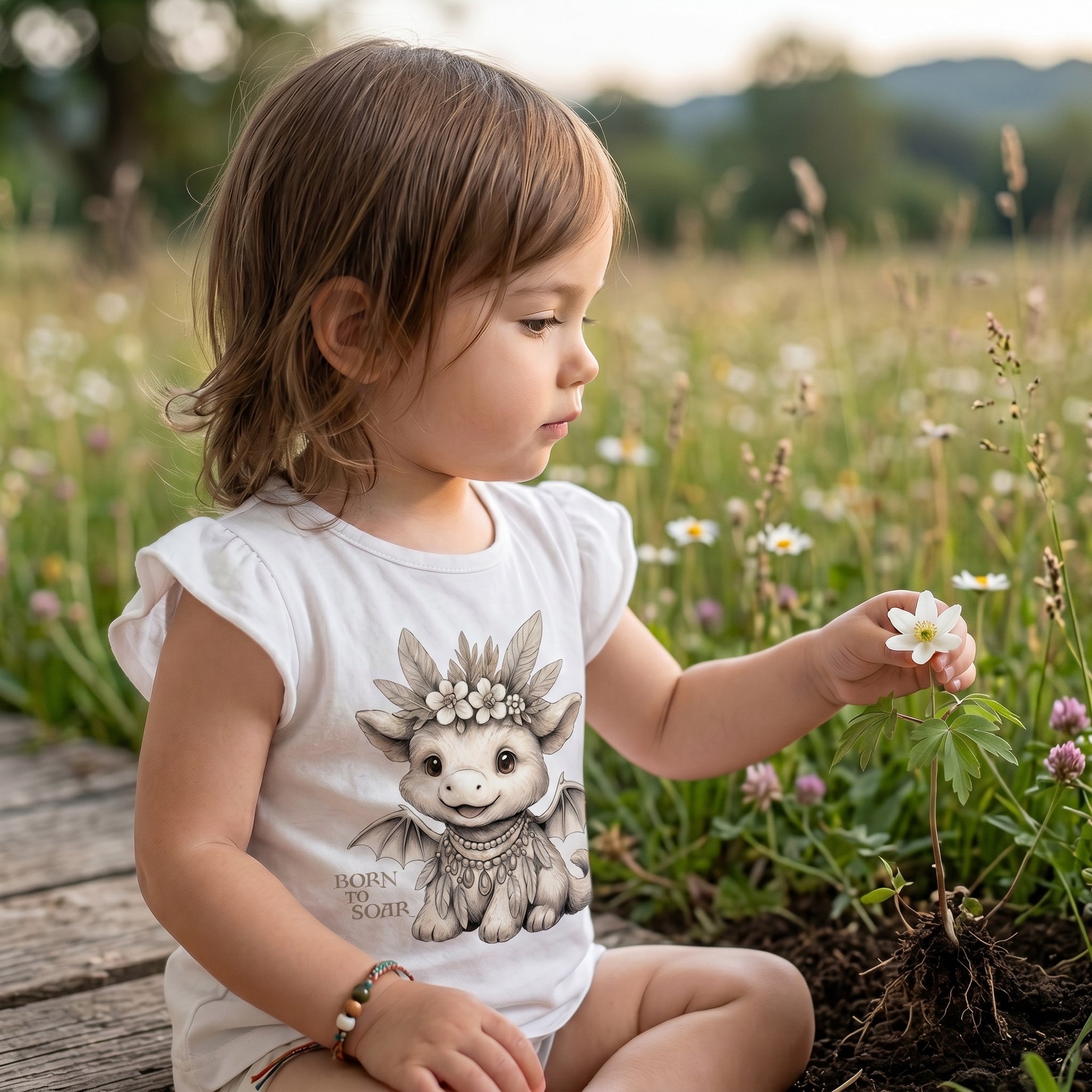 Toddler girl sitting on a wooden boardwalk in a wildflower meadow gently touching a white flower wearing Fox and Form Ember the Mini Boho Dragon white flutter sleeve onesie with hand-illustrated boho dragon design and Born to Soar script