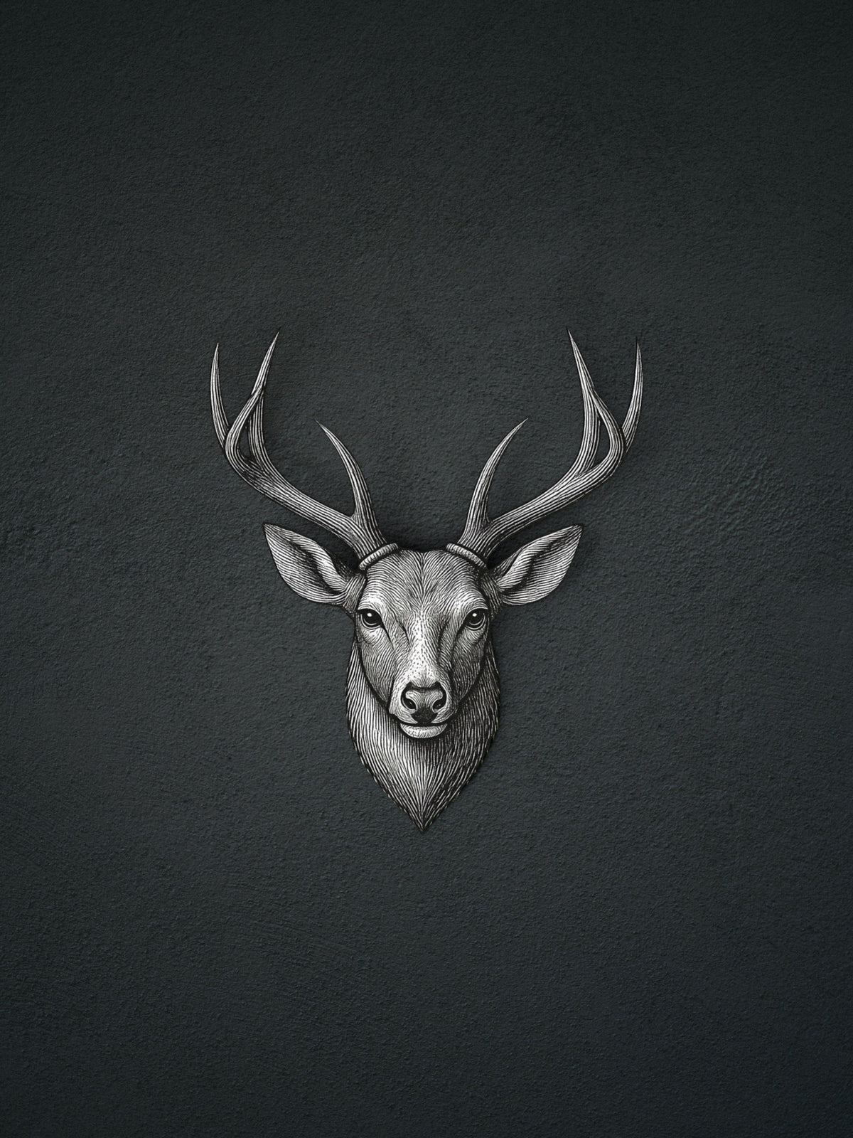 Fox and Form original hand-drawn etched illustration of a stag in black, grey, and white etched colors — the signature artwork for The Stag collection
