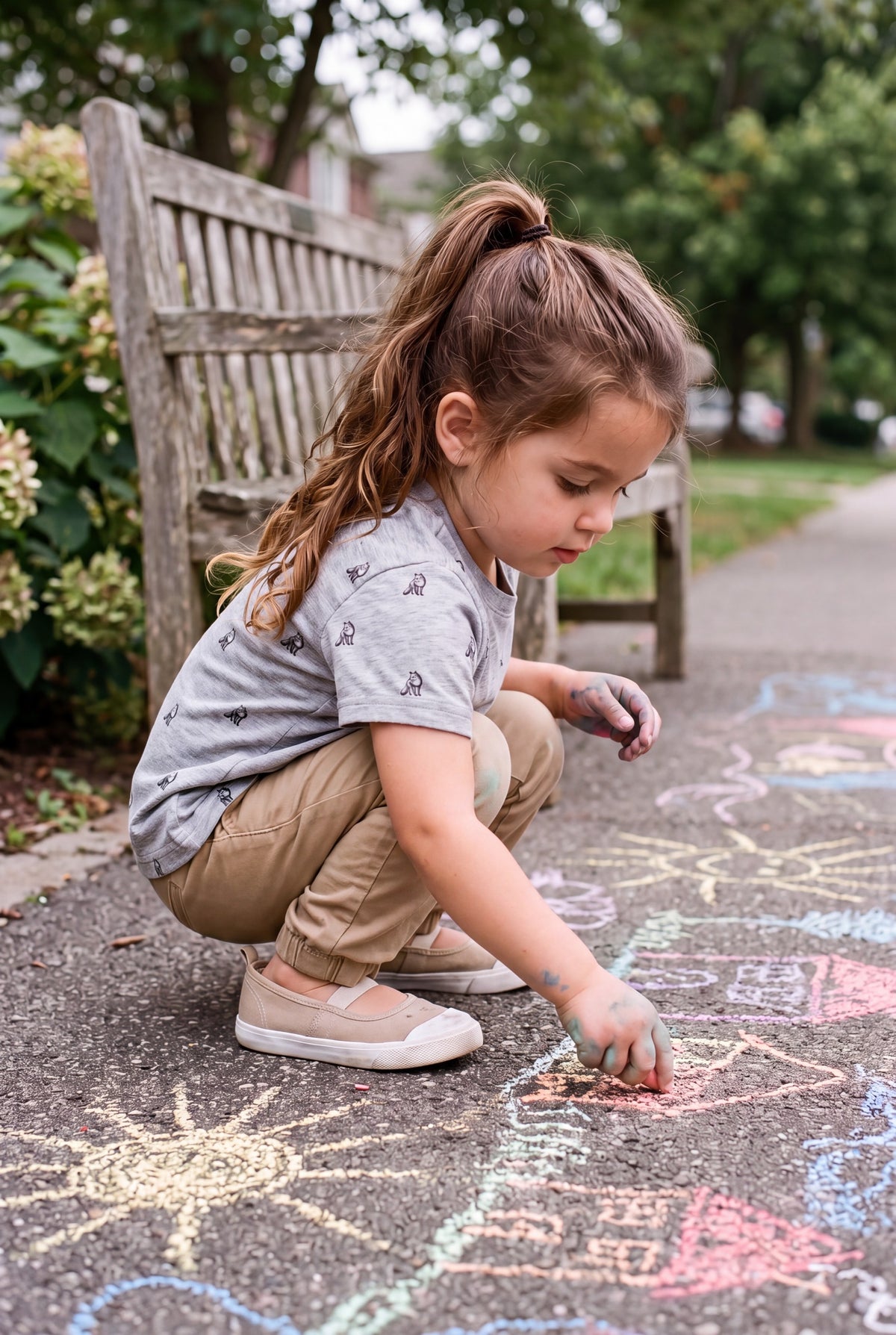 A young girl with a ponytail crouches on a paved path outdoors, drawing with chalk. She is wearing a gray t-shirt, tan pants, and beige shoes, with a wooden bench and green trees in the background.