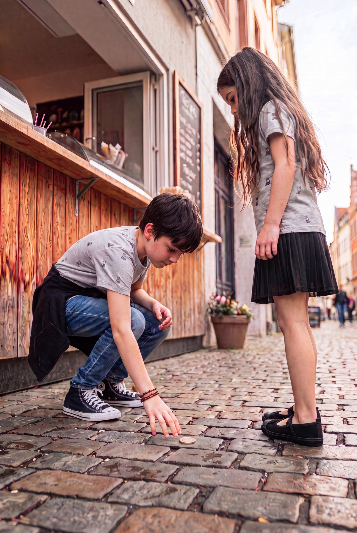 A boy in a Fox and Form sports gray Fox classic fit ring spun tee-shirt and jeans crouches down on a cobblestone street to show a girl in a Fox and Form classic fit ring spun gray t-shirt and black pleated skirt something on the ground, with a cafe exterior in the background. Fox and Form. Mini & Youth Signature Collection. 