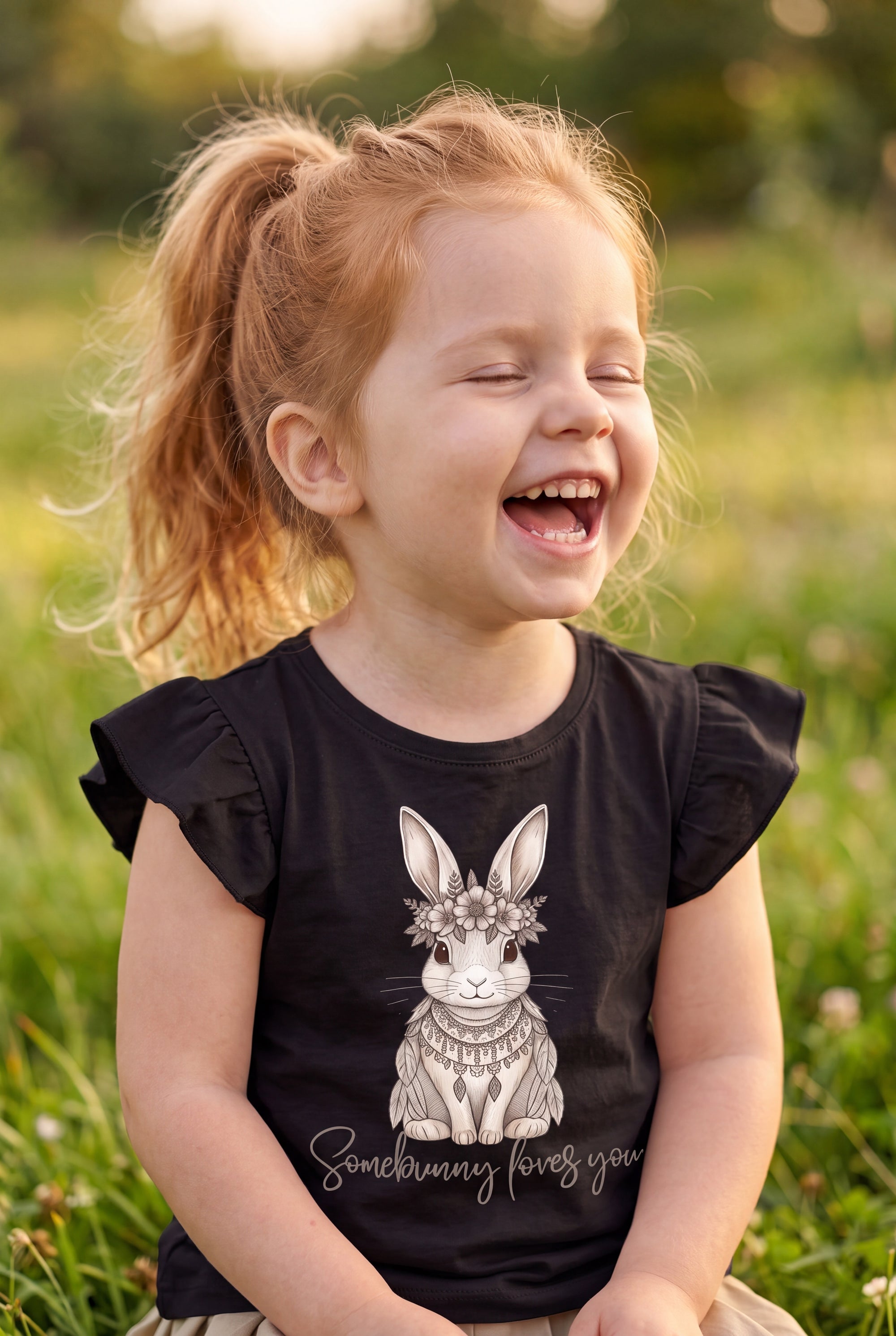 Young girl smiling in a sunny wildflower field wearing Fox and Form Elorie the Mini Boho Bunny black flutter sleeve tee with hand-etched illustrated boho bunny design and Somebunny Loves You script
