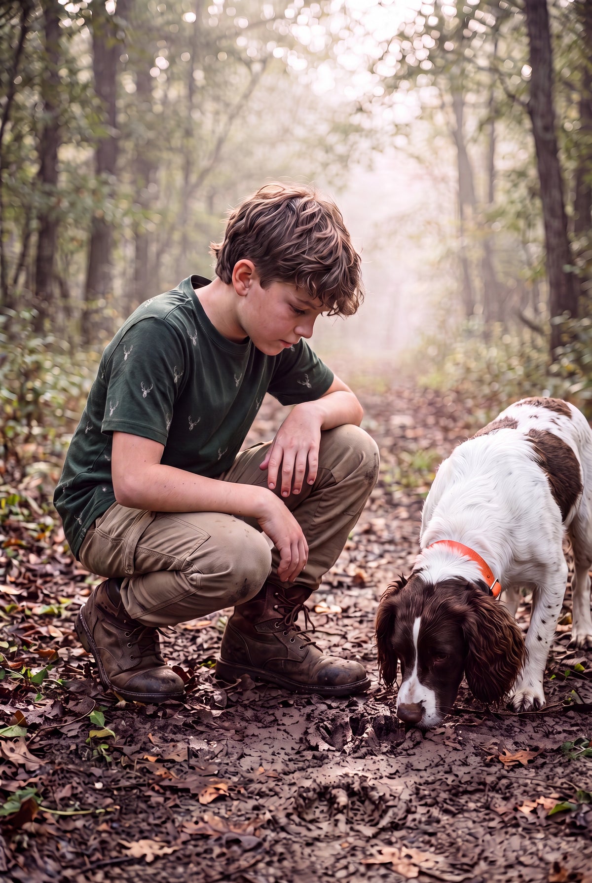 Fox and Form Classic Ring Spun tee Youth Forest Green. A young boy crouches on a forest path next to a brown and white dog wearing an orange collar. The boy is wearing a dark green t-shirt and khaki pants, while the dog looks down at the ground. Fox and Form. Mini & Youth Signature Collection. 