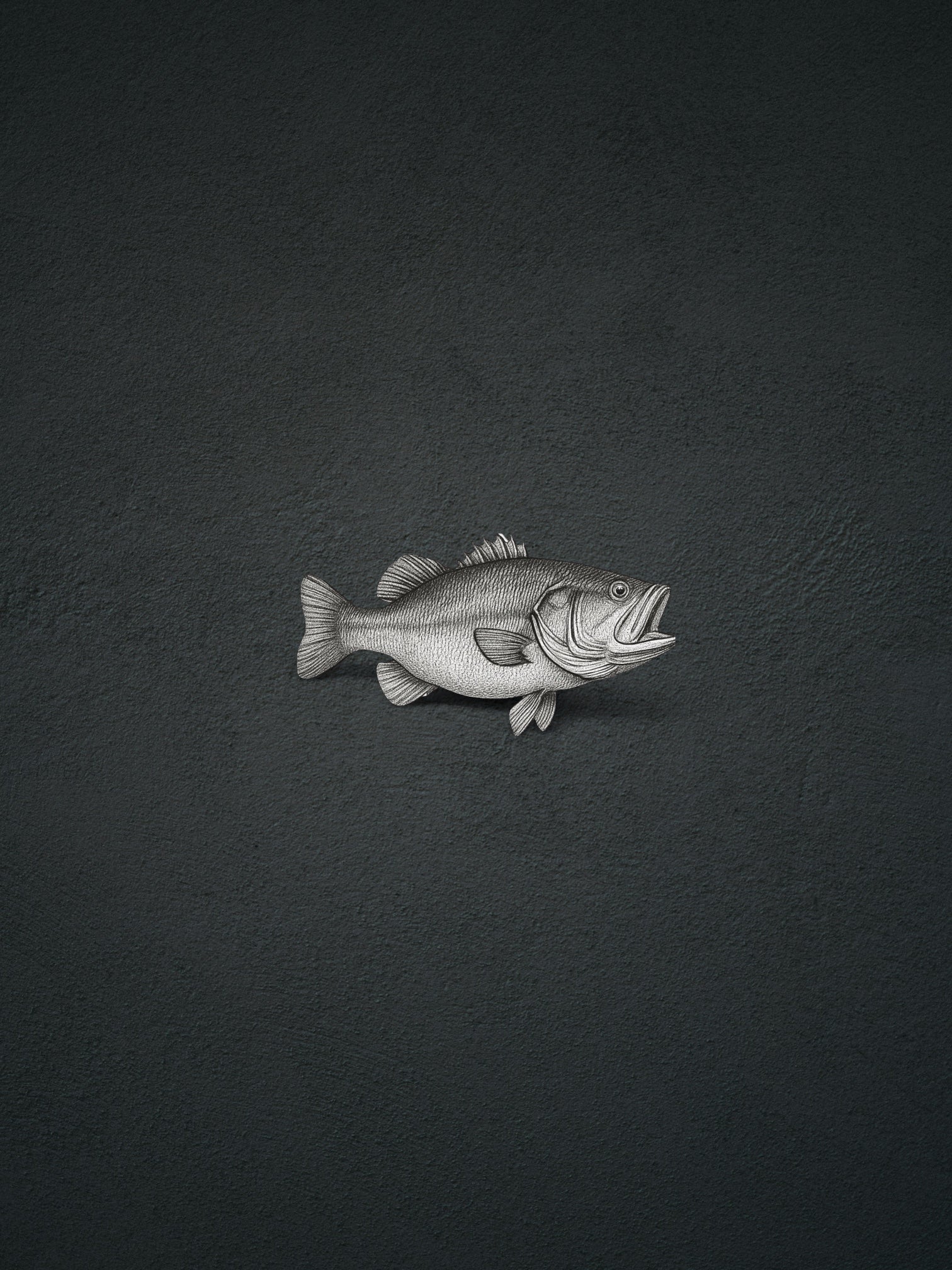Fox and Form original hand-drawn etched illustration of a bass fish in black, grey, and white etched colors — the signature artwork for The Bass collection. Fox and Form. 