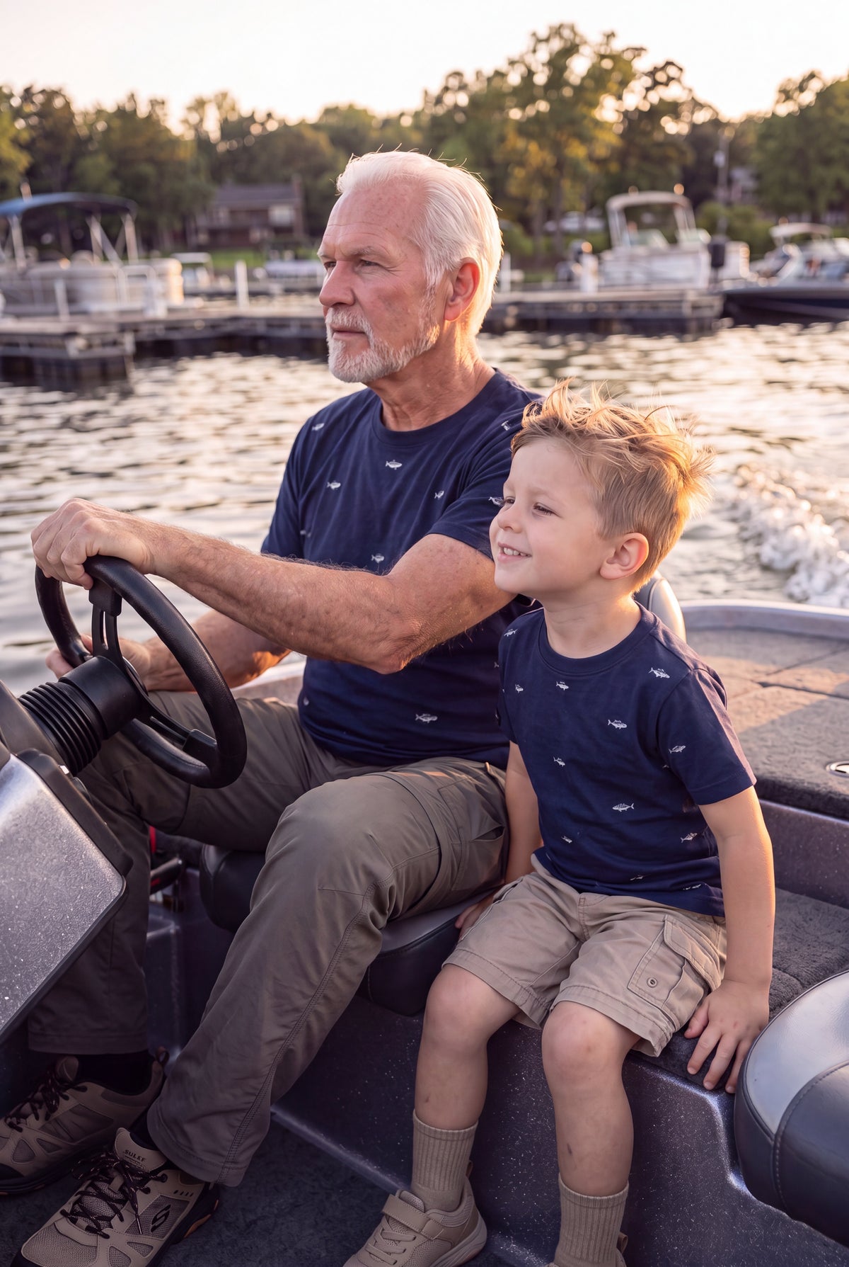 An older man and a young boy wearing matching navy-blue Fox and Form classic ring spun t-shirts with hand-illustrated small fish pattern sit in a boat on the water during sunset. The man is driving the boat, and the boy sits beside him. Fox and Form Men's signature Collection. Fox and Form Mini & Youth Signature Collection. 