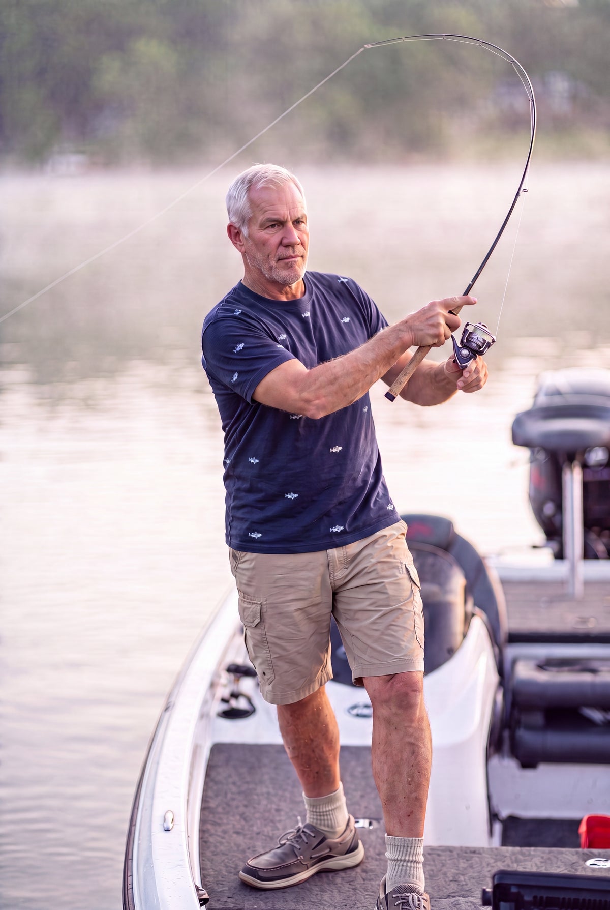 A man wear Fox and form Classic Fit Ring Spun Tee Shirt The Bass navy standing on a boat fishing, wearing a navy blue t-shirt with a small fish pattern, khaki cargo shorts, and gray sneakers, holding a bent fishing rod. Fox and Form 
Men's Signature Collection. 