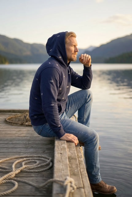 Man wearing The Bass max weight double hooded sweatshirt in navy with hand-etched illustrated bass pattern design, seated on a wooden dock overlooking a mountain lake at dusk. Fox and Form Men's Signature Collection. 