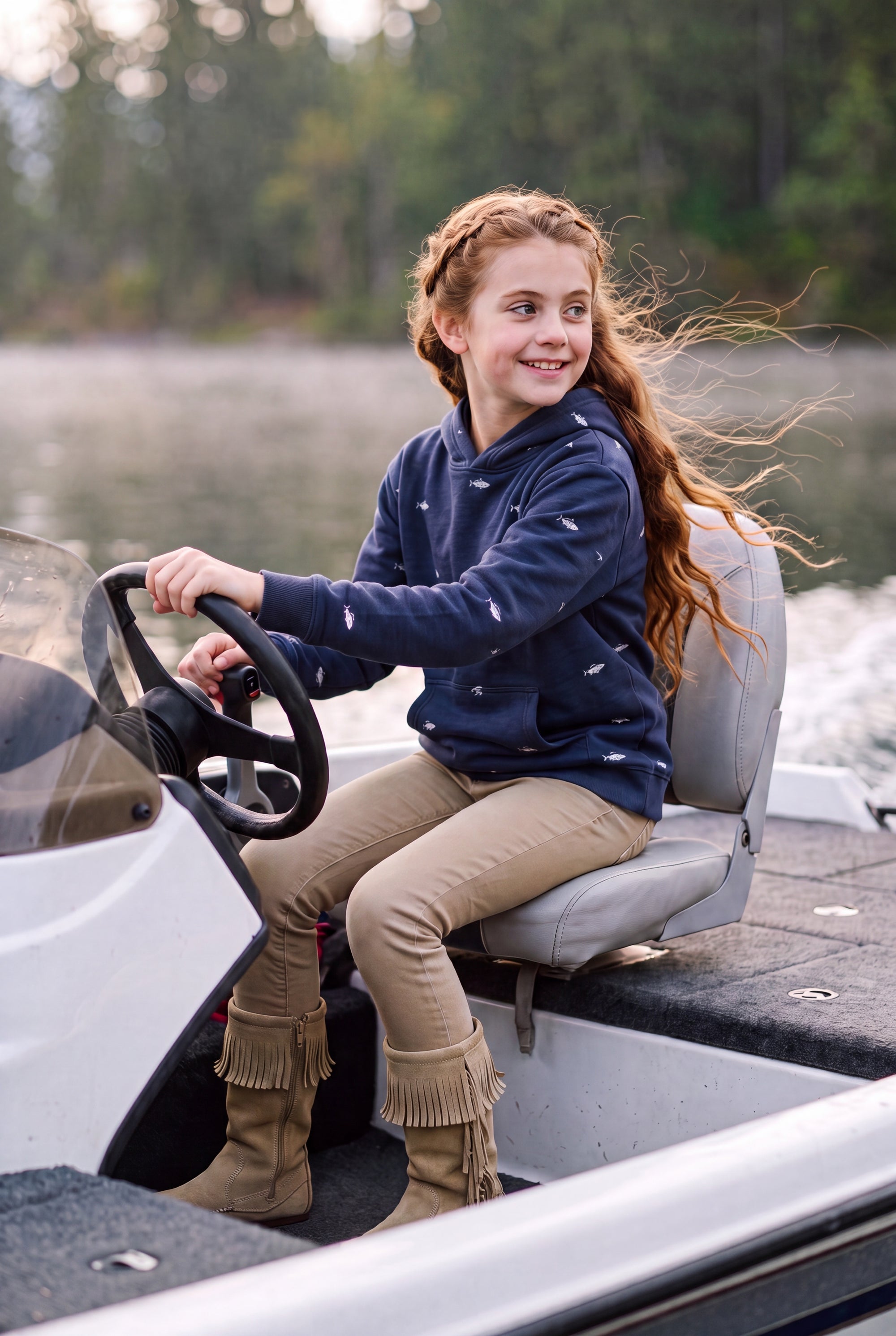 A young girl with long brown hair sits in a boat, smiling while holding the steering wheel. She is wearing a navy-blue Fox and Form The Bass Sweatshirt hoodie with small hand-etched illustrated bass fish pattern, tan pants, and matching tan fringed boots. Fox and Form. Mini & Youth Signature Collection 