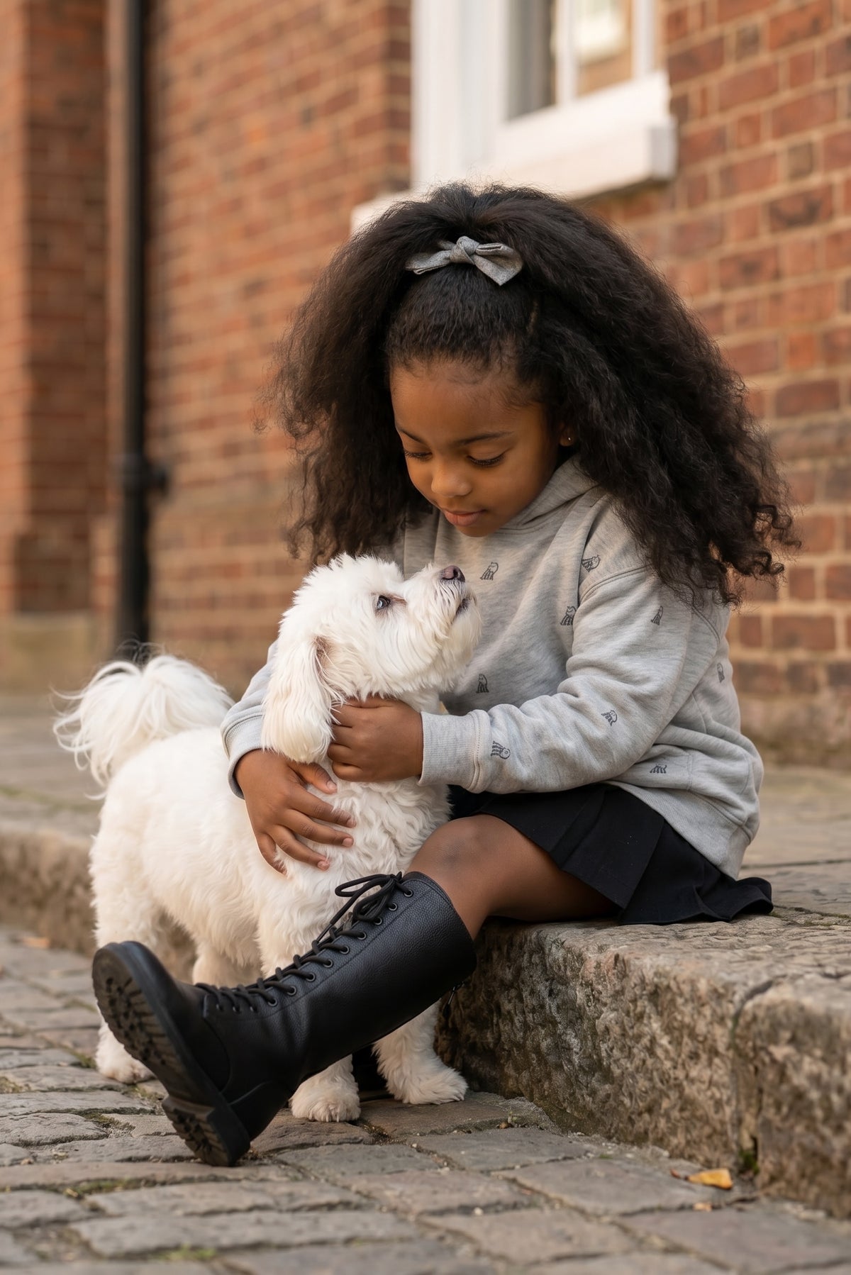 Young girl wearing Fox and Form The Fox sports grey max weight hooded sweatshirt with hand-etched illustrated fox pattern design, hugging white fluffy dog on a cobblestone street lined with brick townhouses
