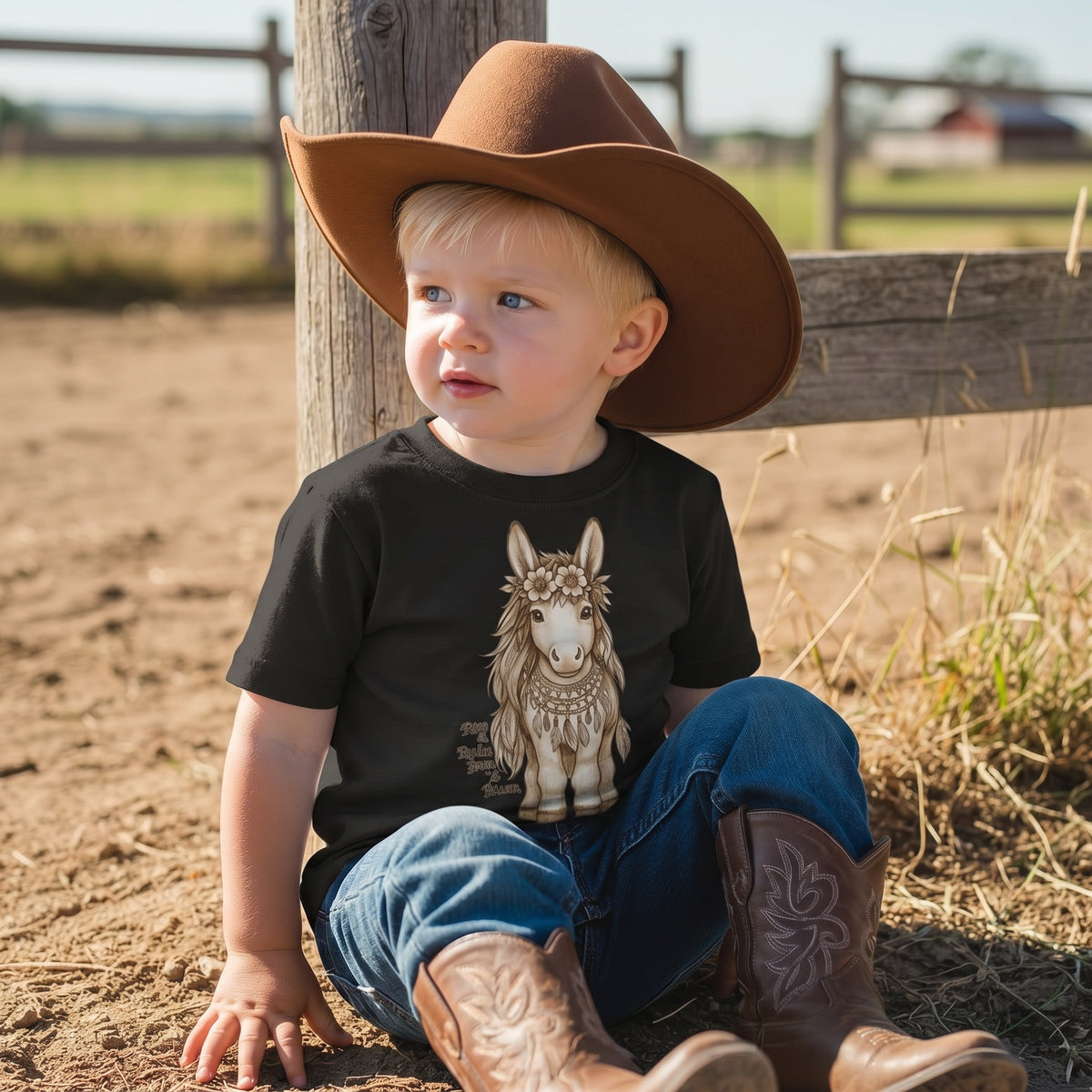 Toddler boy wearing a brown cowboy hat and cowboy boots sitting against a wooden fence post on a sunny ranch wearing Fox and Form Meadow the Boho Pony black classic ring spun tee with hand-illustrated boho pony design and Free to Roam Born to Bloom script