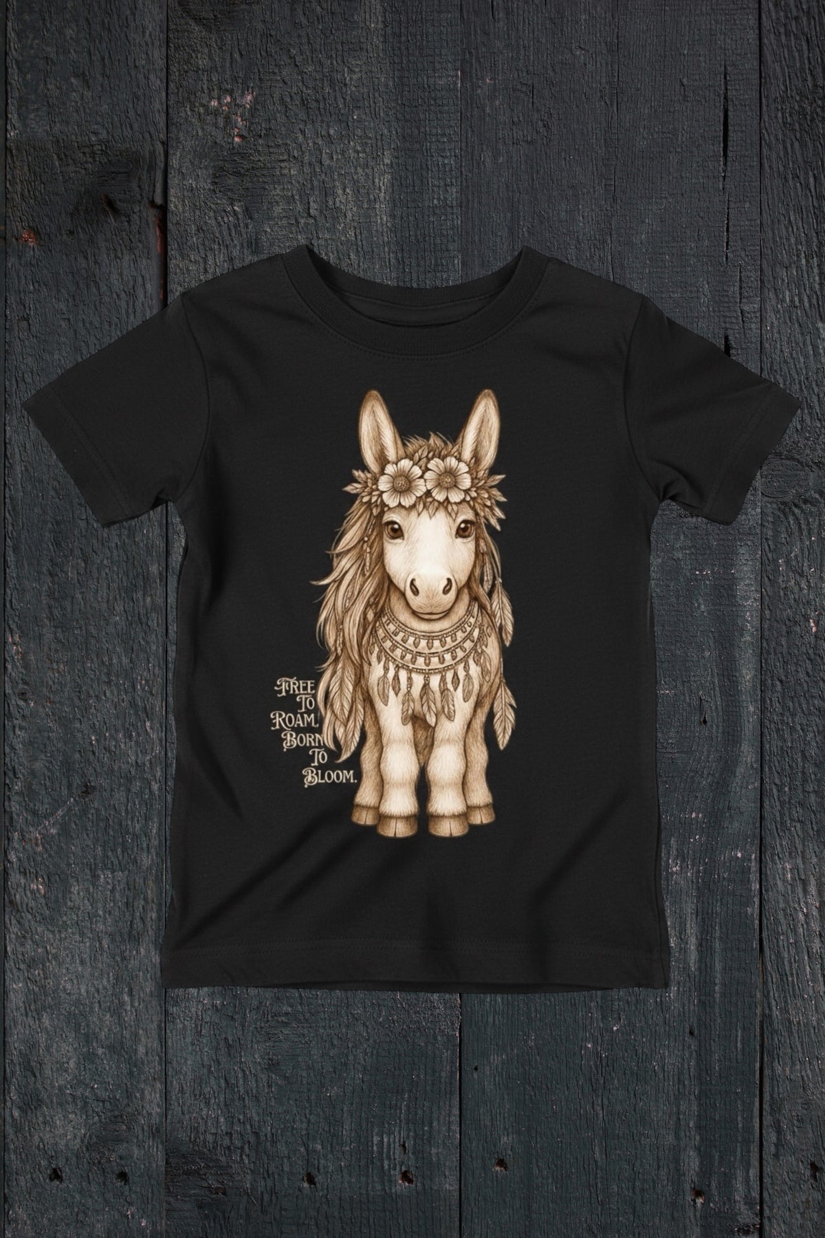 Flat lay of Fox and Form Meadow the Boho Pony black classic ring spun tee with hand-illustrated boho pony design and Free to Roam Born to Bloom script on a dark wood background