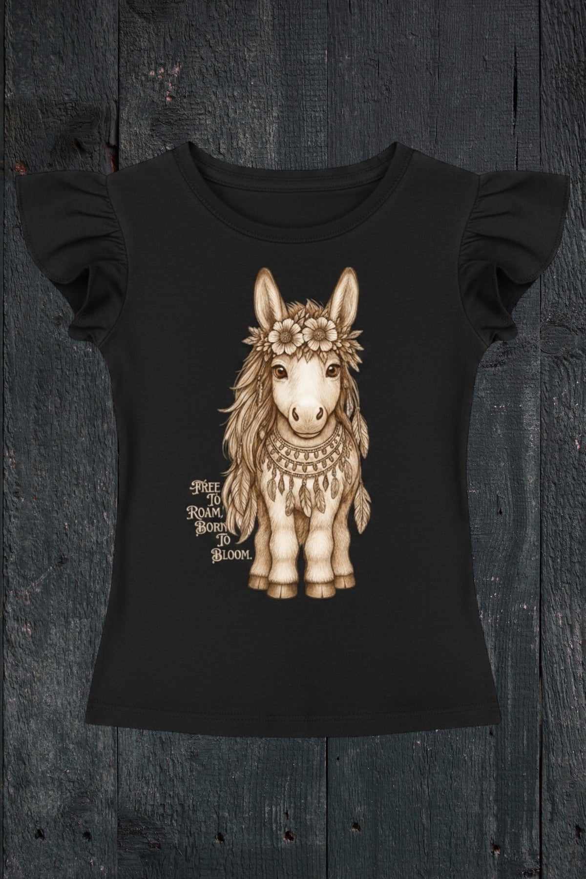 Flat lay of Fox and Form Meadow the Boho Pony black flutter sleeve tee with hand-illustrated boho pony design and Free to Roam Born to Bloom script on a dark wood background