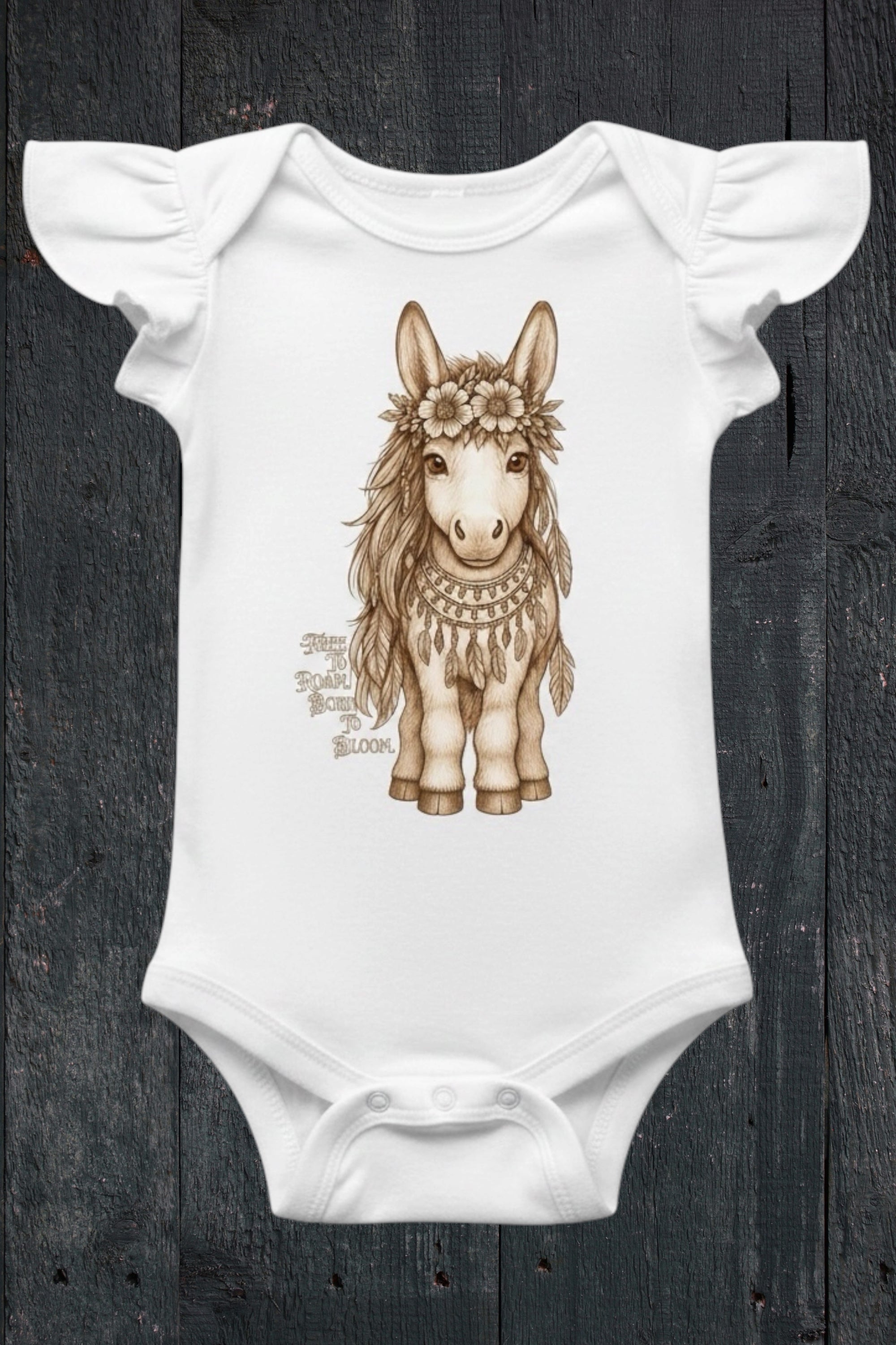 Flat lay of Fox and Form Meadow the Boho Pony white flutter sleeve onesie with hand-illustrated boho pony design and Free to Roam Born to Bloom script on a dark wood background

