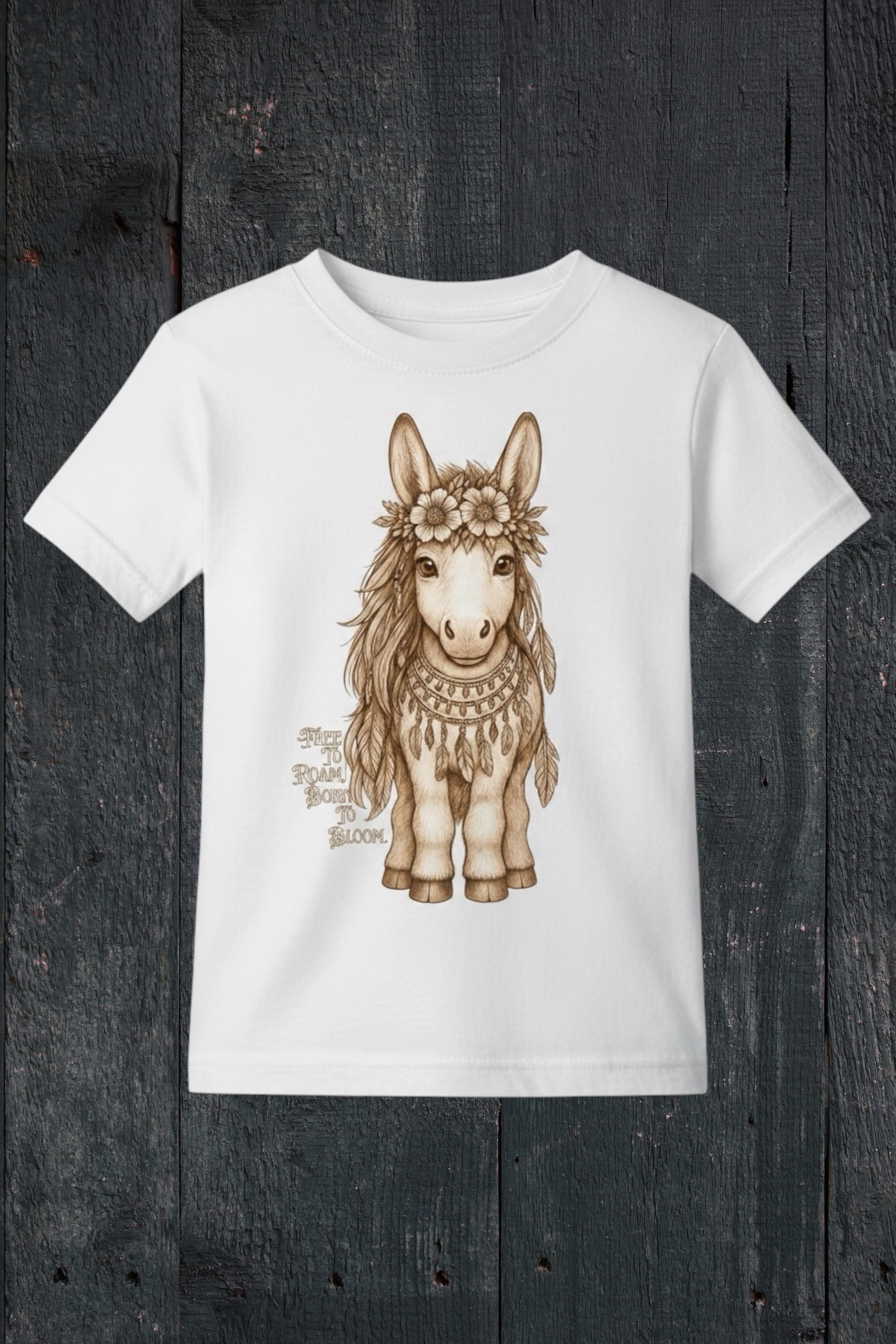 Flat lay of Fox and Form Meadow the Boho Pony white classic ring spun tee with hand-illustrated boho pony design and Free to Roam Born to Bloom script on a dark wood background