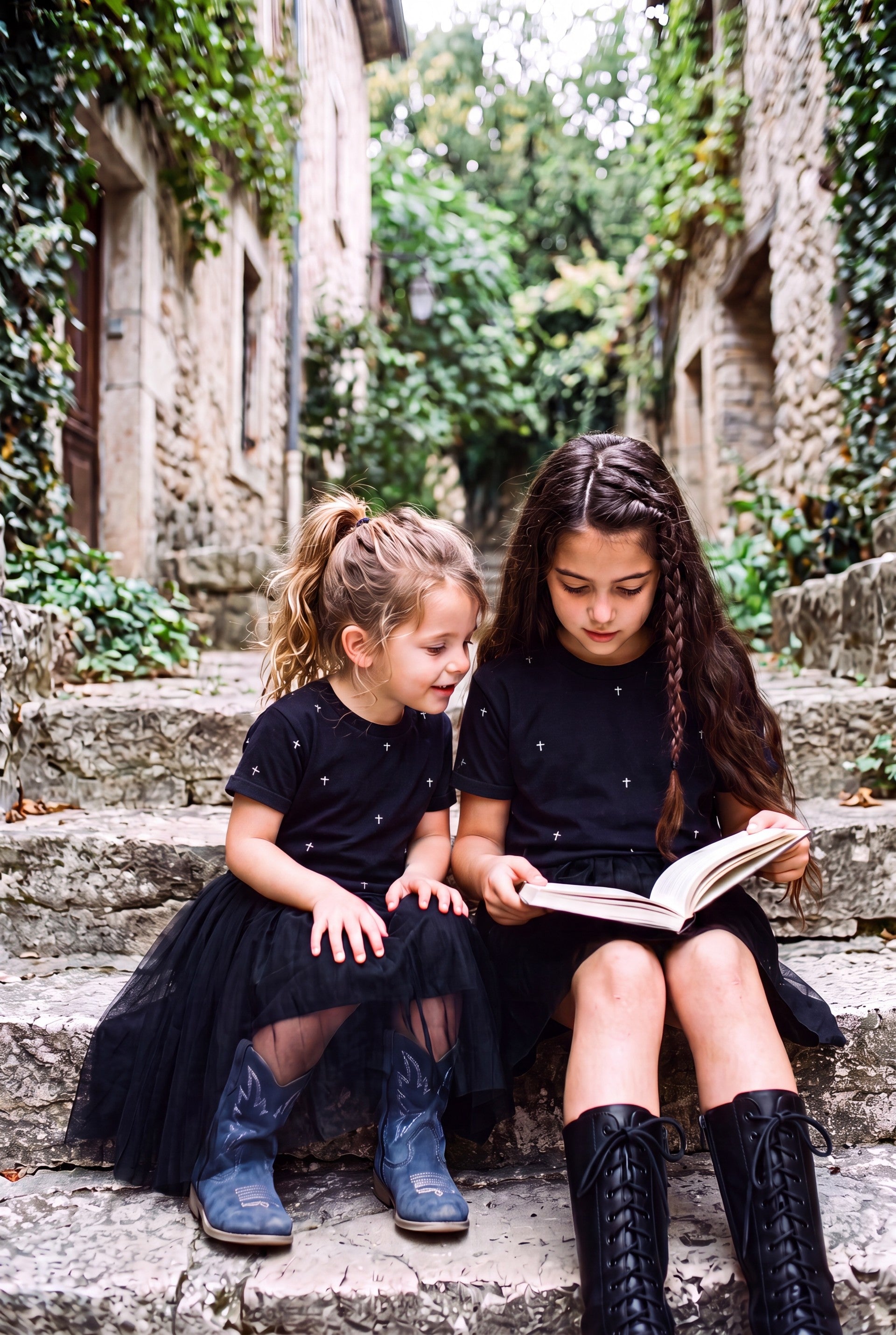 Two girls sitting on stone church steps reading a Bible together wearing Fox and Form The Cross black classic ring spun tee with hand-etched illustrated cross pattern design. Fox and Form. Mini & Youth Signature Collection. 
