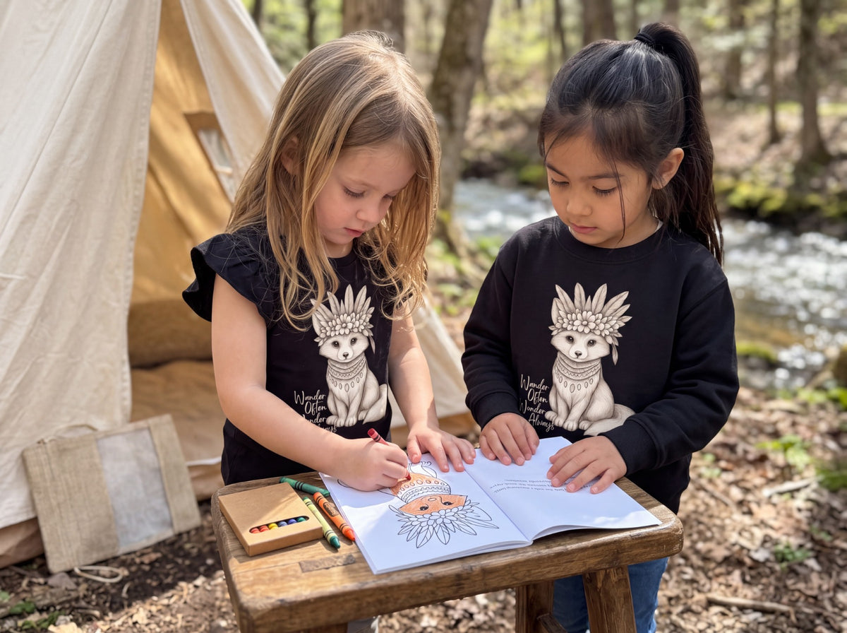 Two young girls standing at a small wooden table outdoors by a stream, coloring in a book of Revel the Story Coloring Book by Fox & Form. Both are wearing matching black long-sleeve sweatshirts with a hand-etched graphic of Revel the Boho Fox a feathered headdress. Fox & Form. The Mini Boho Collection. 