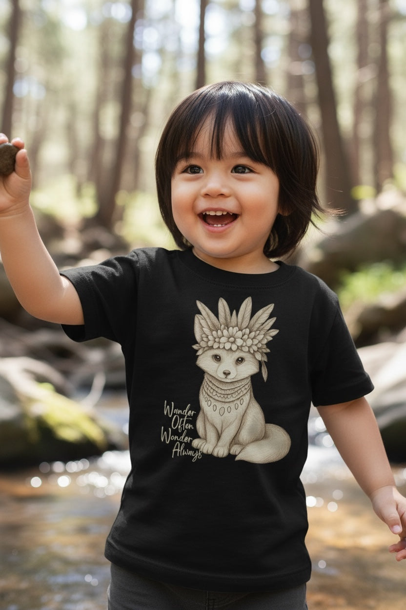 Smiling toddler boy with dark hair standing beside a sunlit forest creek wearing Fox and Form Revel the Boho Fox black classic ring spun tee with hand-illustrated boho fox design and Wander Often Wonder Always script