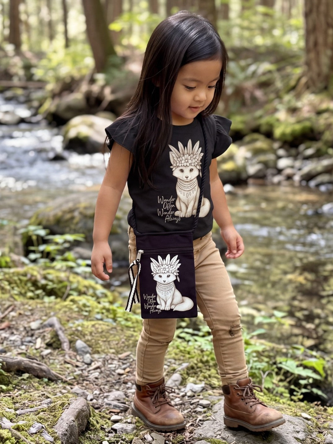 A young girl stands on a mossy rock beside a flowing stream in a forest, wearing a black Revel Boho Fox graphic t-shirt and crossbody bag tan pants with a small black crossbody pouch featuring Revel the boho fox illustration. Fox & Form. Mini Boho Collection. 