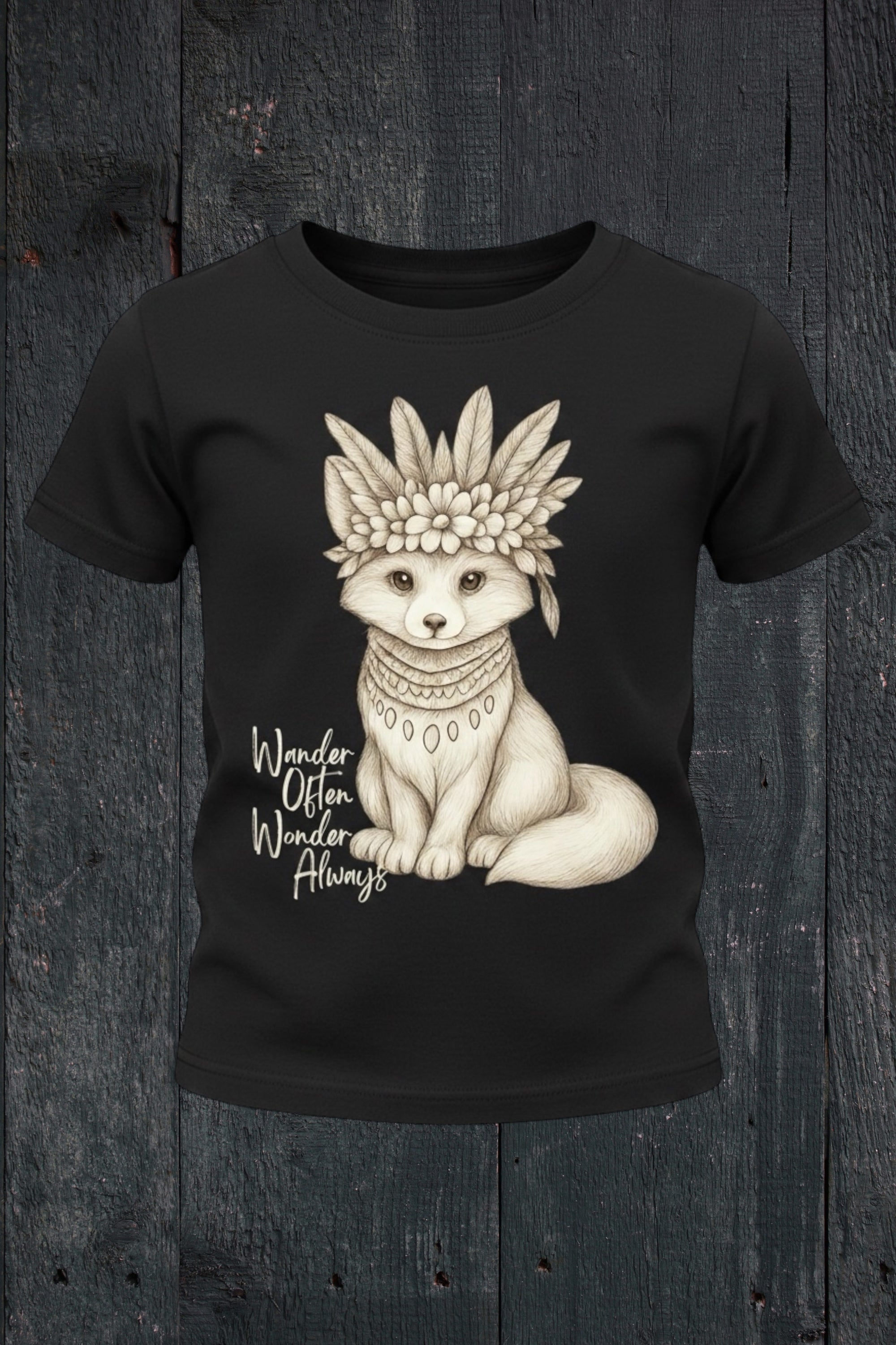 Flat lay of Fox and Form Revel the Boho Fox black classic ring spun tee with hand-illustrated boho fox design and Wander Often Wonder Always script on a dark wood background