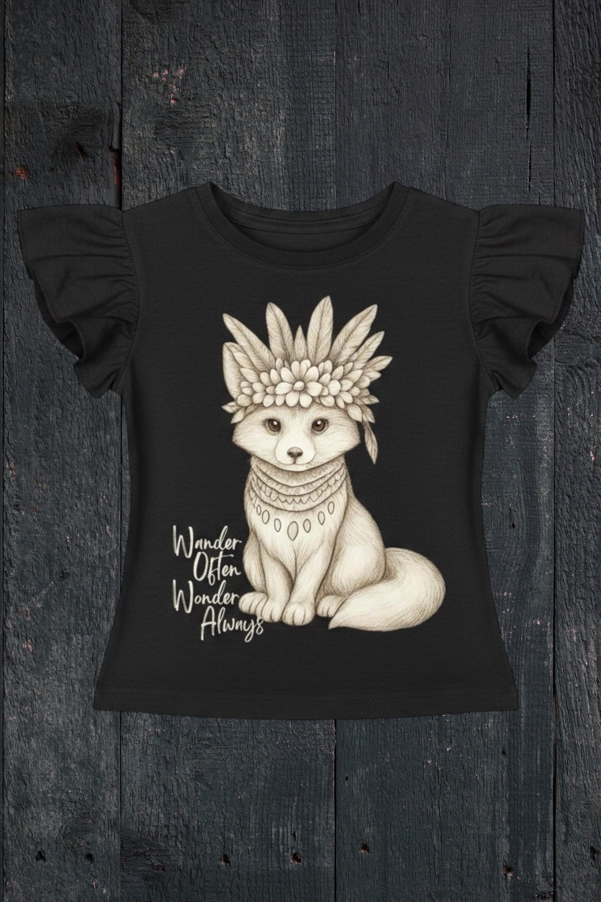 Flat lay of Fox and Form Revel the Boho Fox black flutter sleeve tee with hand-illustrated boho fox design and Wander Often Wonder Always script on a dark wood background