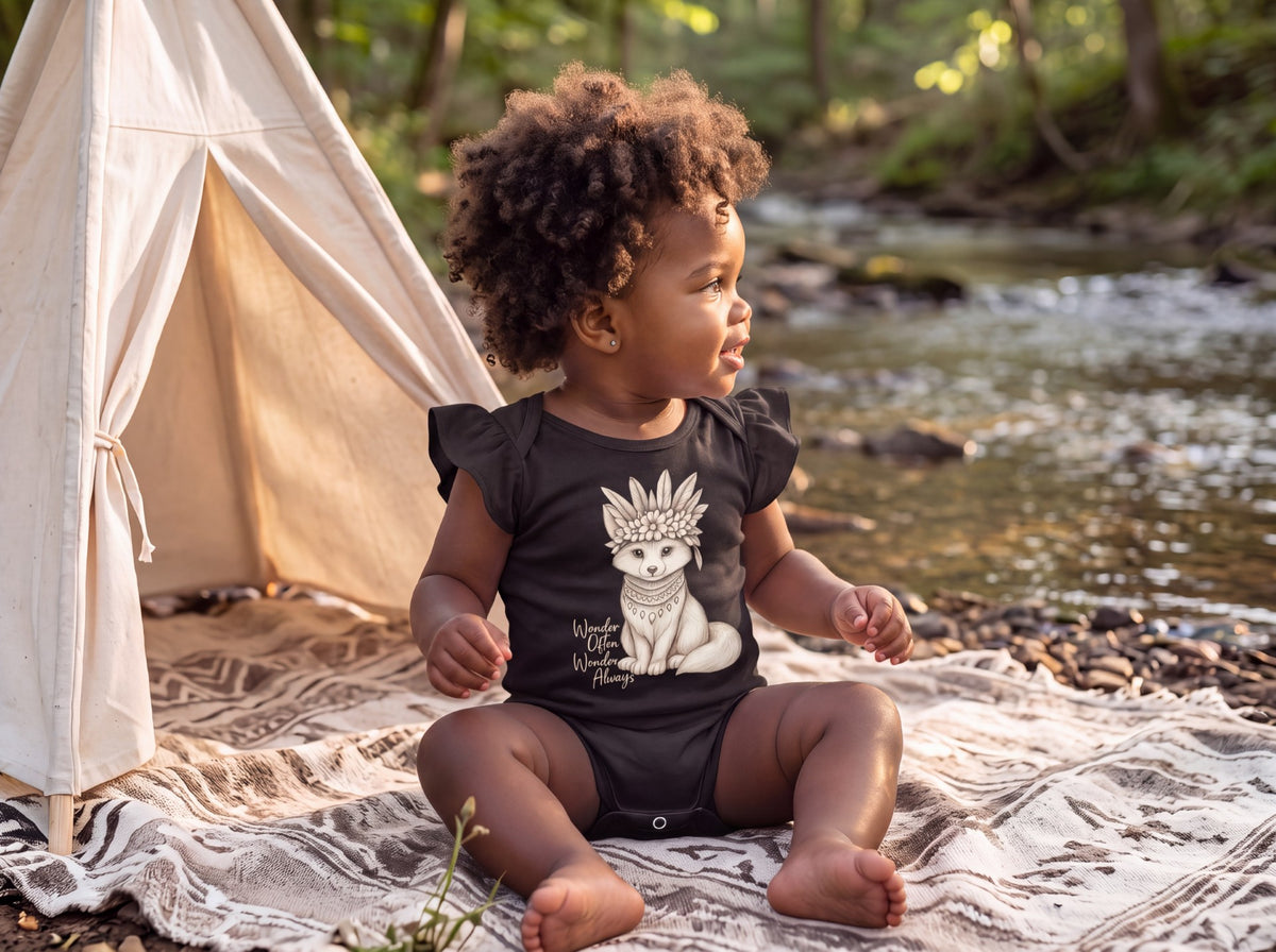 A baby sits outdoors by a stream next to a teepee tent, wearing a black ruffle-sleeve bodysuit with Revel Boho Fox hand-etched graphic wearing a feathered headdress and the text Wander Often, Wonder Always. Fox & Form. The Mini Boho Collection. 