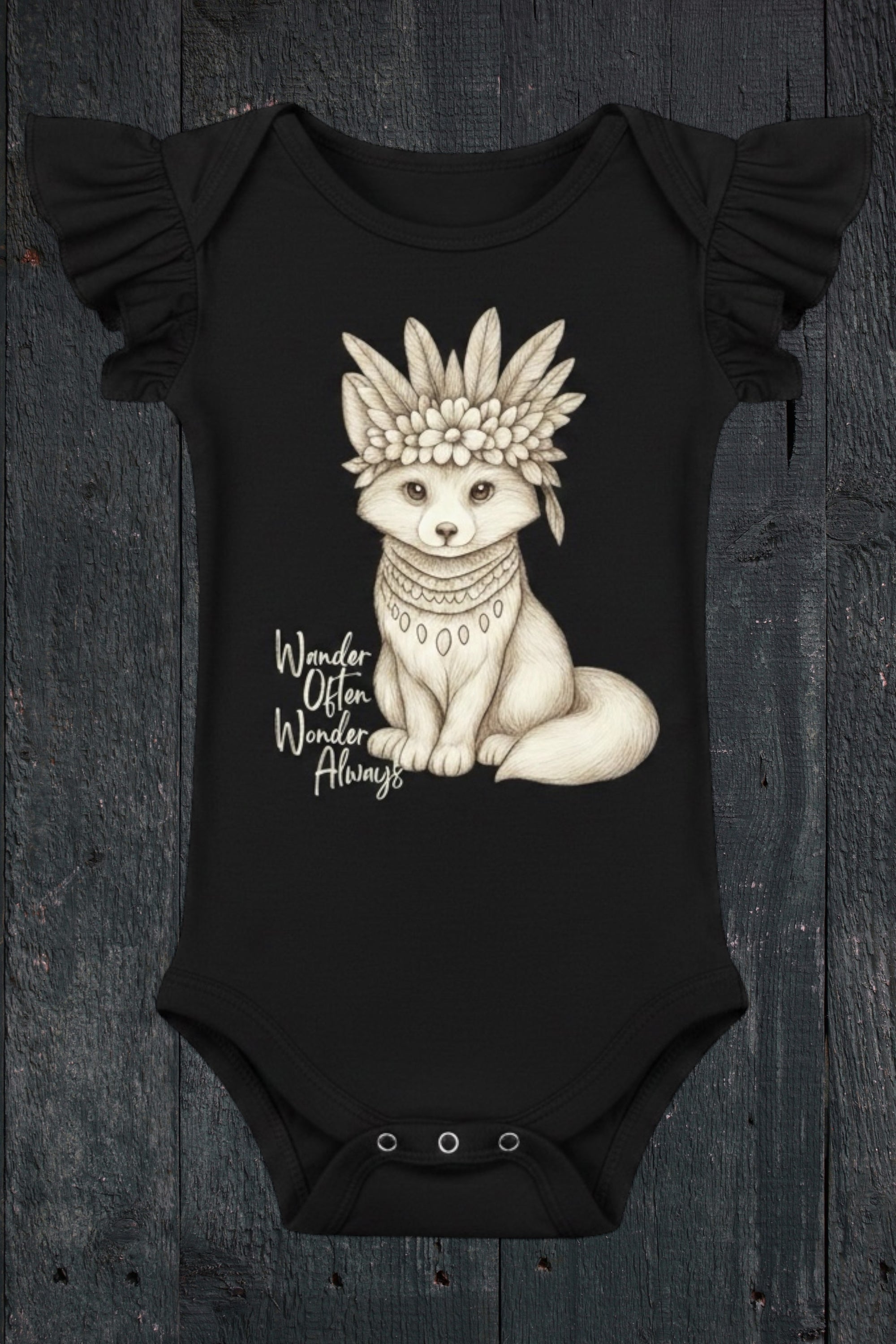 Flat lay of Fox and Form Revel the Boho Fox black flutter sleeve onesie with hand-illustrated boho fox design and Wander Often Wonder Always script on a dark wood background