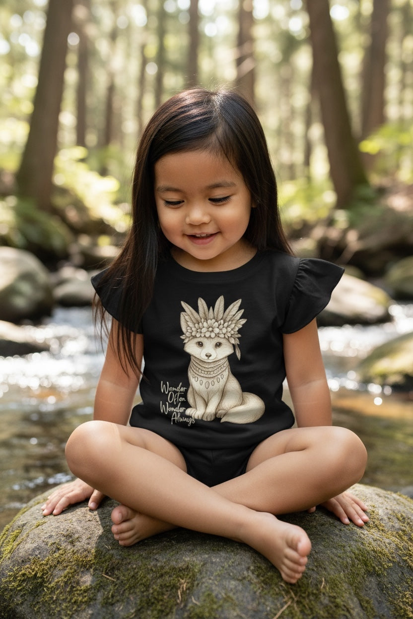 Toddler girl with long dark hair sitting cross-legged on a mossy rock beside a sunlit forest creek wearing Fox and Form Revel the Boho Fox black flutter sleeve tee with hand-illustrated boho fox design and Wander Often Wonder Always script