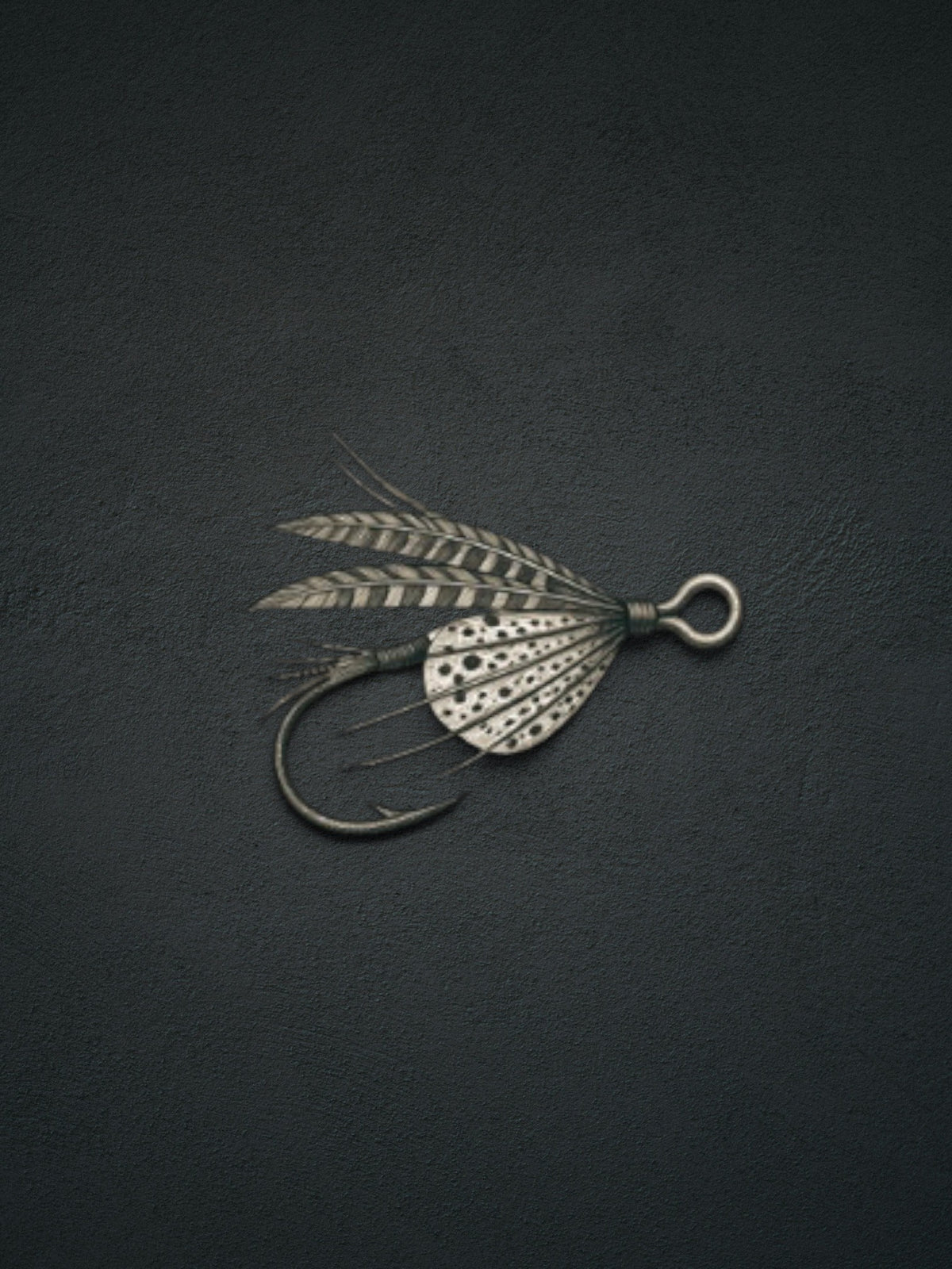 A single fly fishing lure with a silver metal body, patterned wings, and dark feathers, photographed on a dark textured background.