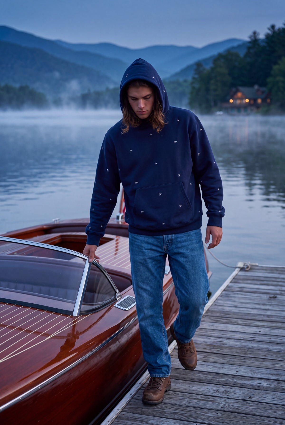 A man wearing a navy-blue hoodie with small brown fly lure pattern, blue jeans, and brown boots walks along a wooden dock next to a classic wooden boat on a misty lake with mountains in the background. Fox & Form. Men's Signature Collection. 