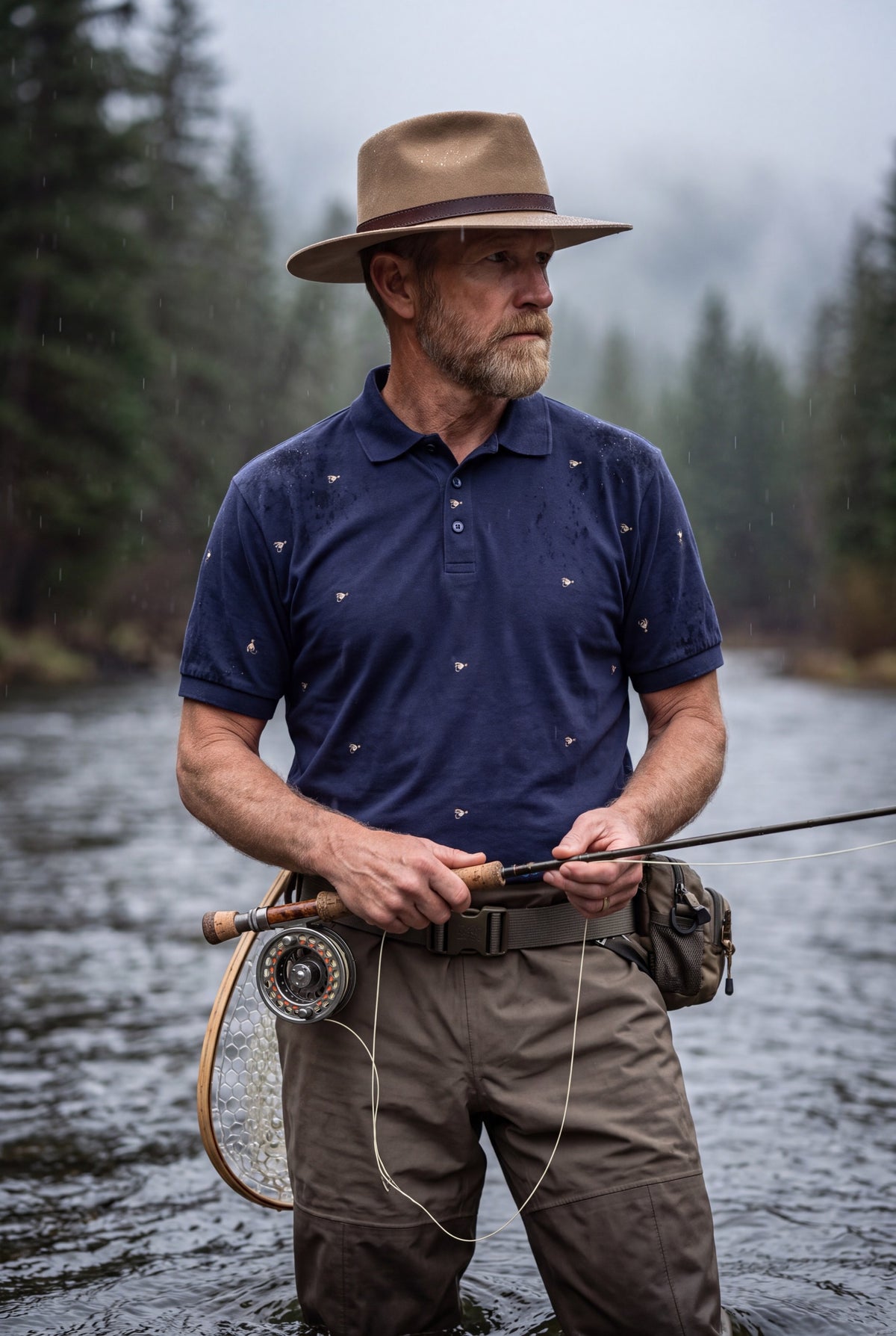 A man wearing a tan wide-brim hat, navy blue polo shirt with small light brown fly lure pattern, waders stand in a misty river holding a fly fishing. Fox & Form. Men's Signature Collection
