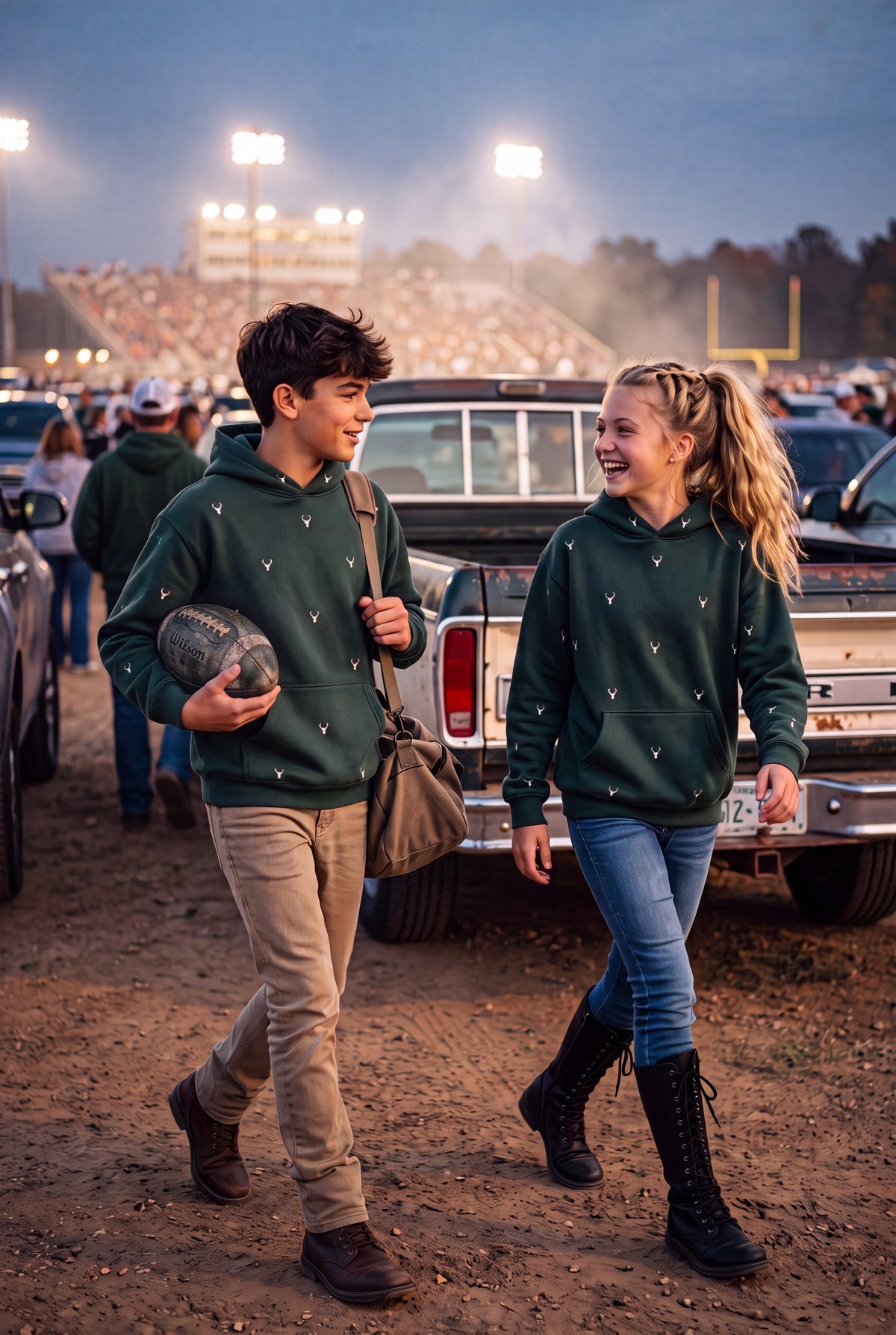 Fox and Form. Two young athletes walking together at an outdoor sports event at dusk, wearing matching Fox and form The Stag dark forest green hoodies with a small white embroidered logo, khaki pants, and black boots. Fox and Form. Mini & Youth Signature Collection. 