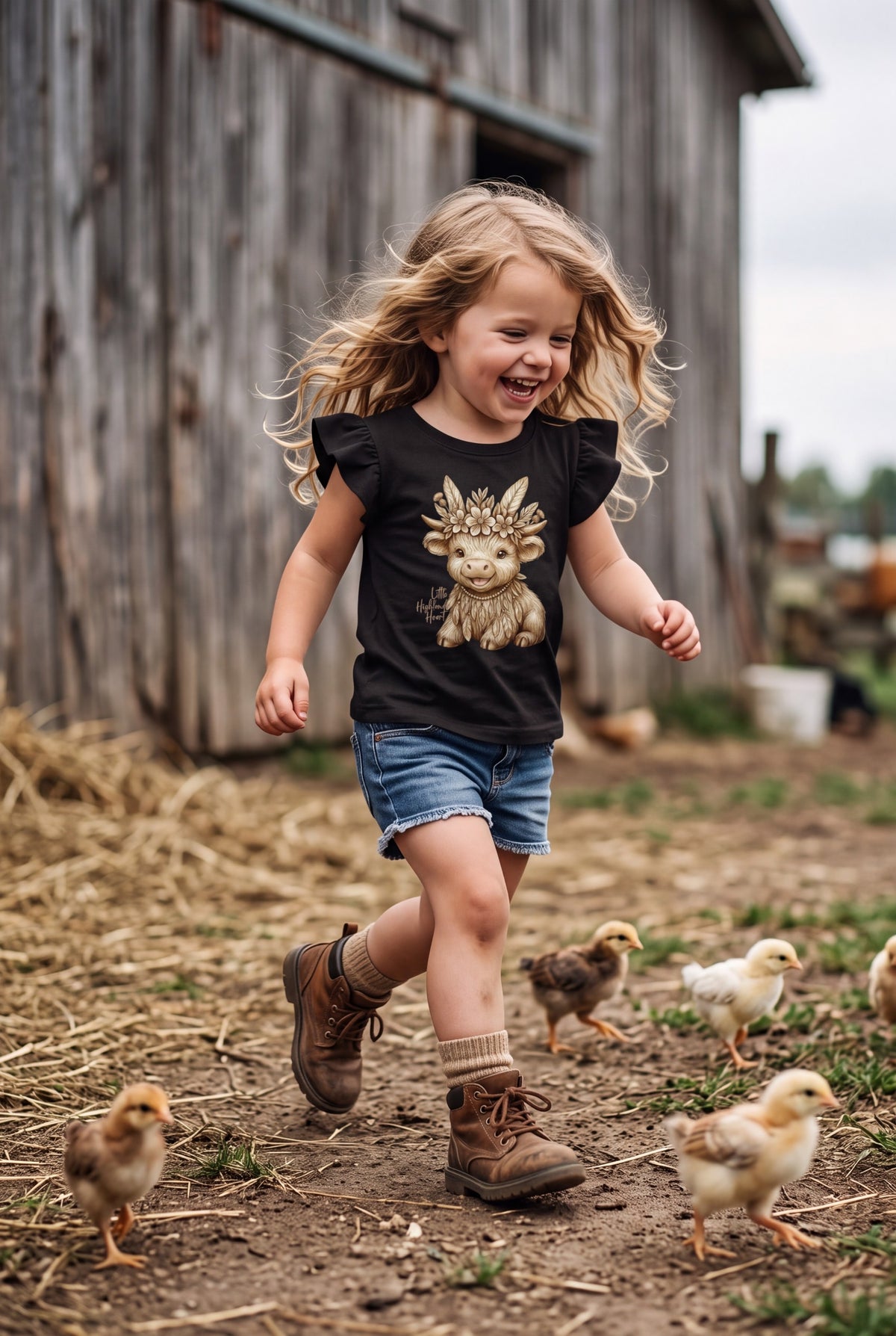 A young girl with blonde hair runs happily on a dirt farm path near a weathered wooden barn, wearing a black Thistle Mini Boho Highland calf hand illustrated graphic t-shirt with a brown and beige graphic Fox & Form, denim shorts, and brown boots, surrounded by small yellow chicks.