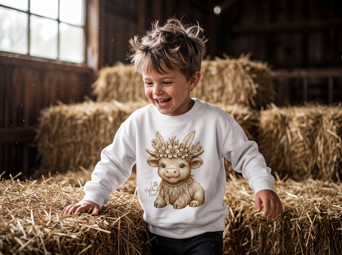A young boy with messy light brown hair stands in a barn among hay bales, wearing a white long-sleeve sweatshirt with a detailed graphic of Thistle the boho highland calf smiling wearing a floral crown. The background shows rustic wooden barn walls and stacked hay. Fox & Form. Mini Boho Collection