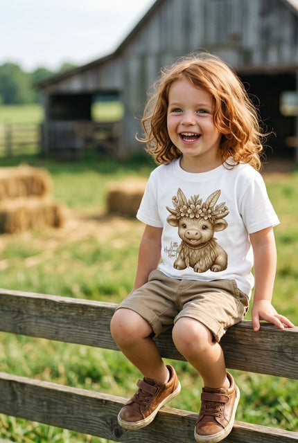 Smiling toddler boy with curly red hair sitting on a wooden fence in front of a rustic barn with hay bales wearing Fox and Form Thistle the Boho Highland Calf white classic ring spun tee with hand-illustrated boho highland calf design and Little Highland Heart script