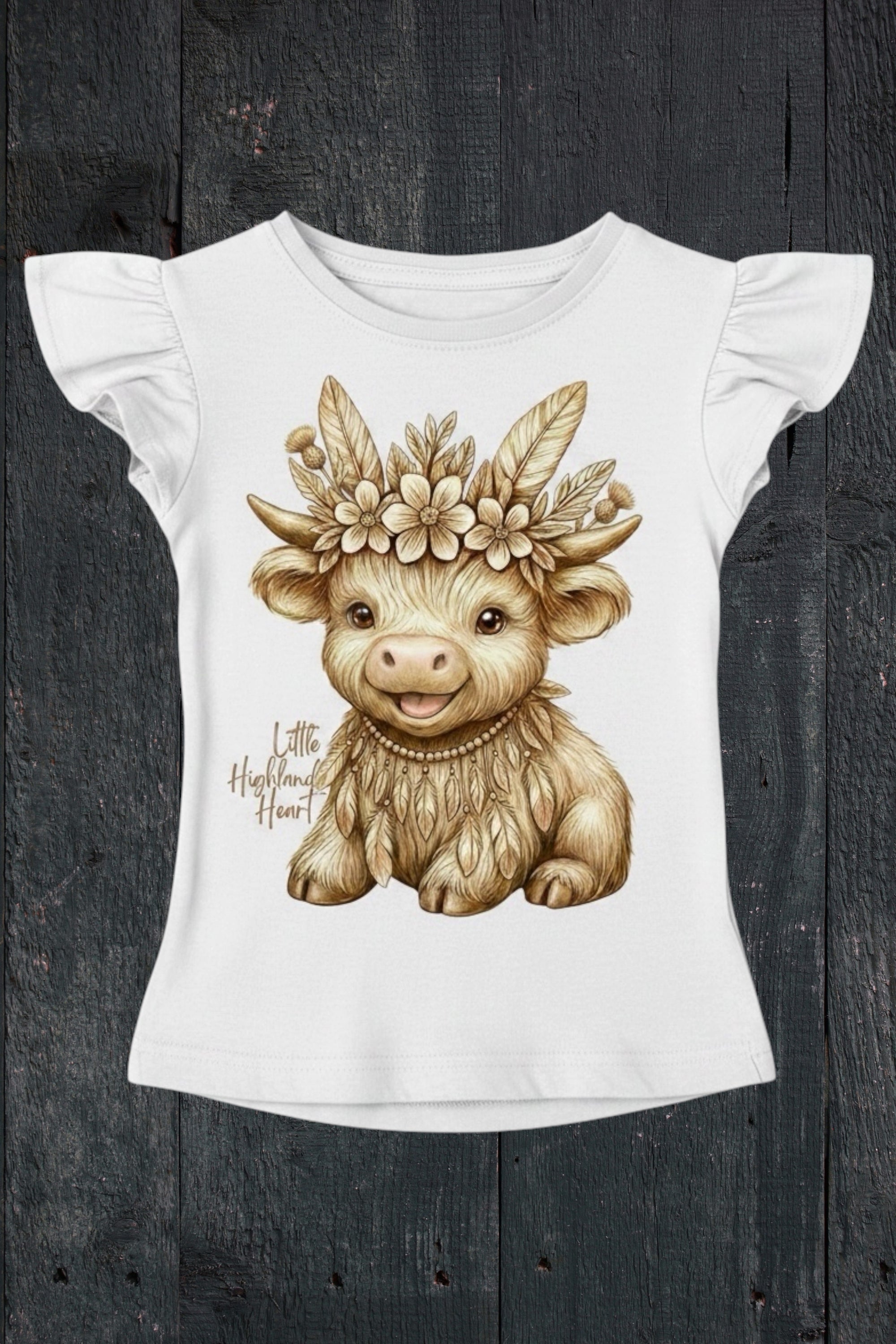 Flat lay of Fox and Form Thistle the Boho Highland Calf white flutter sleeve tee with hand-illustrated boho highland calf design and Little Highland Heart script on a dark wood background