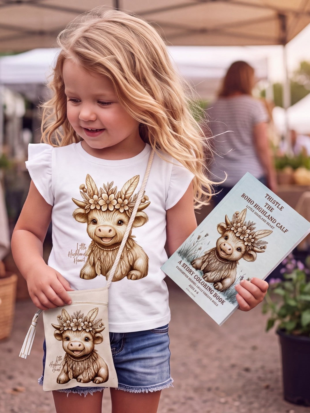 A young girl with blonde hair stands at an outdoor market wearing a white Thistle  t-shirt and denim shorts, holding a matching white crossbody bag and a printed booklet featuring Thistle the highland calf illustration with a floral crown. Fox & Form. The Mini Boho Collection
